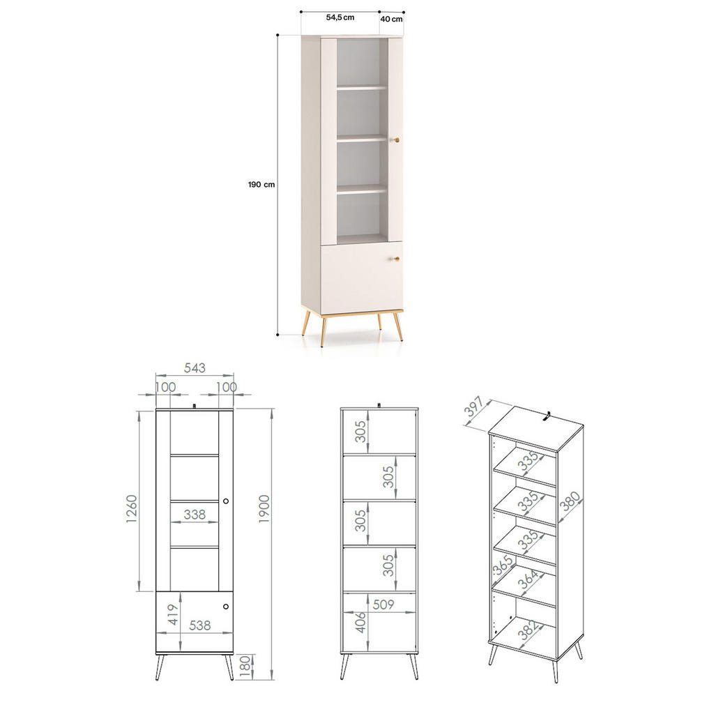 Thumbnail - Feldmann-Wohnen Vitrine, Creme, Gold, Holz, 4 Fächer, 55x40x190 cm, Wohnzimmer, Wohnwände, Vitrinenschränke