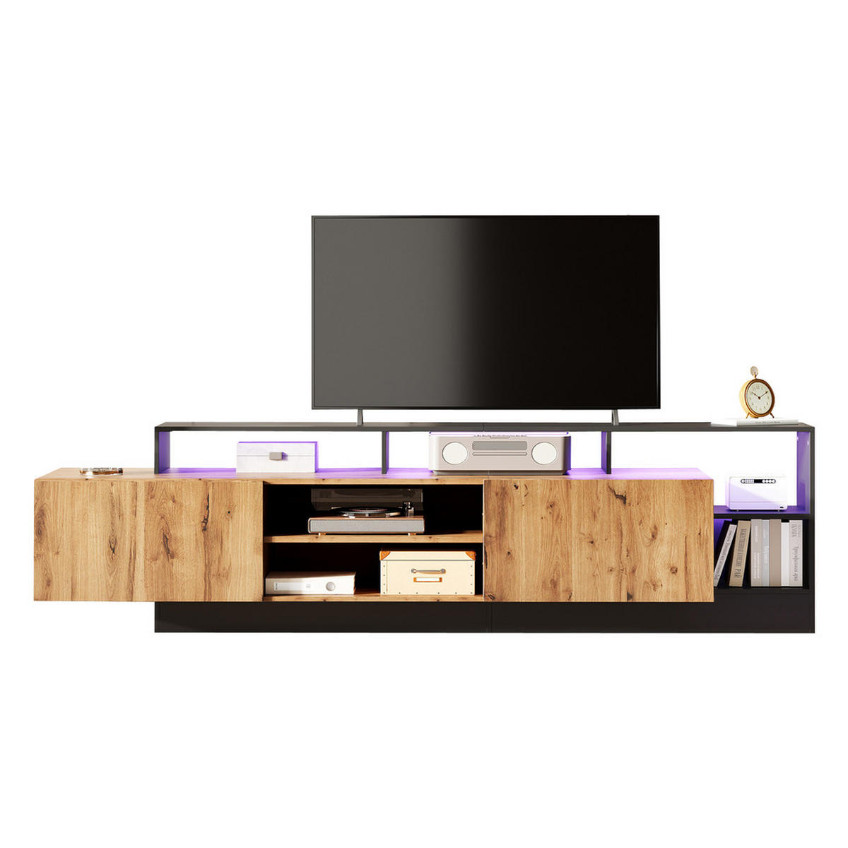 TV-SCHRANK Modern Naturholz & schwarzer Rahmen LED-Beleuchtung bis 70 Zoll - Schwarz, Holz (48/17.5/68cm) - FLIEKS