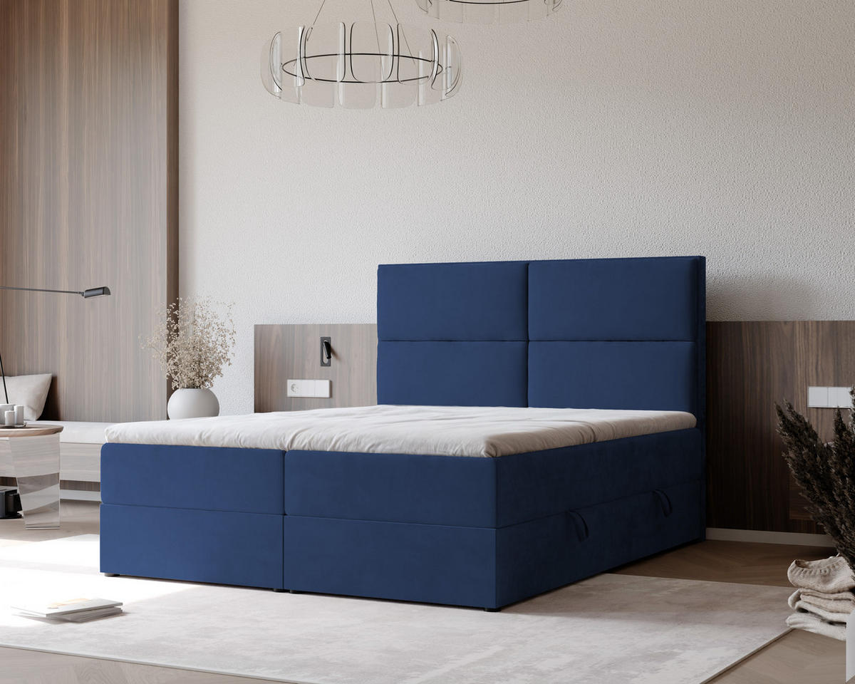BOXBETT ORFEO 200/200 cm mit Matratze und Topper, Marineblau - Dunkelblau, Textil (200/200cm) - Idohome