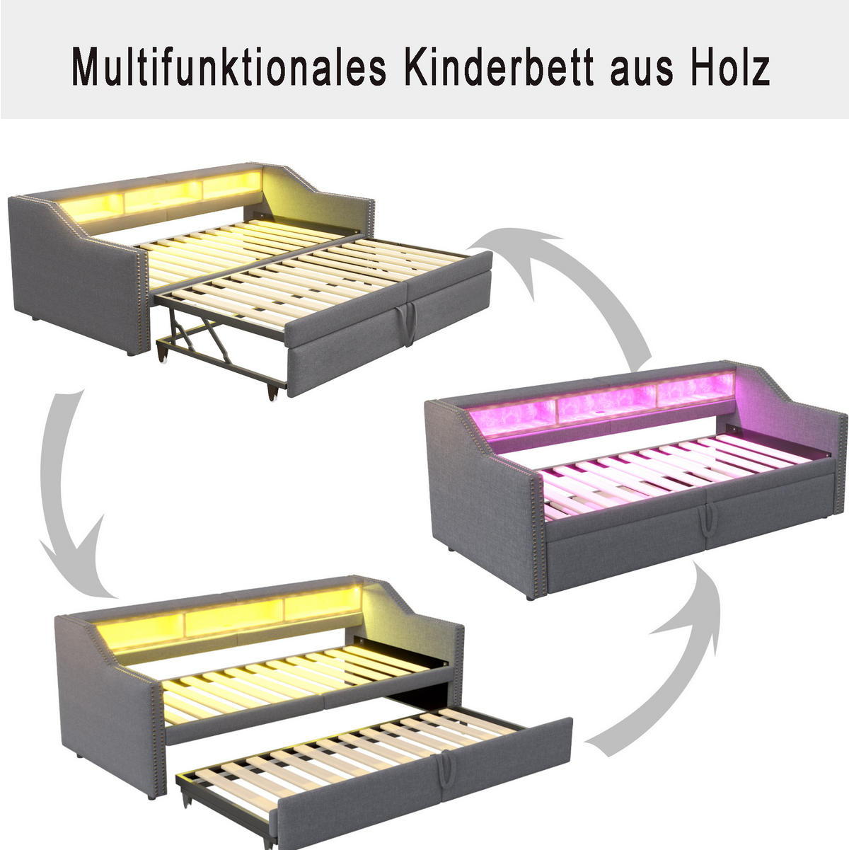 BETT 90/180/200 cm Dunkelgrau aus Leinen mit Bett, USB und LED - Dunkelgrau, Textil (90/190cm) - OKMYHOME