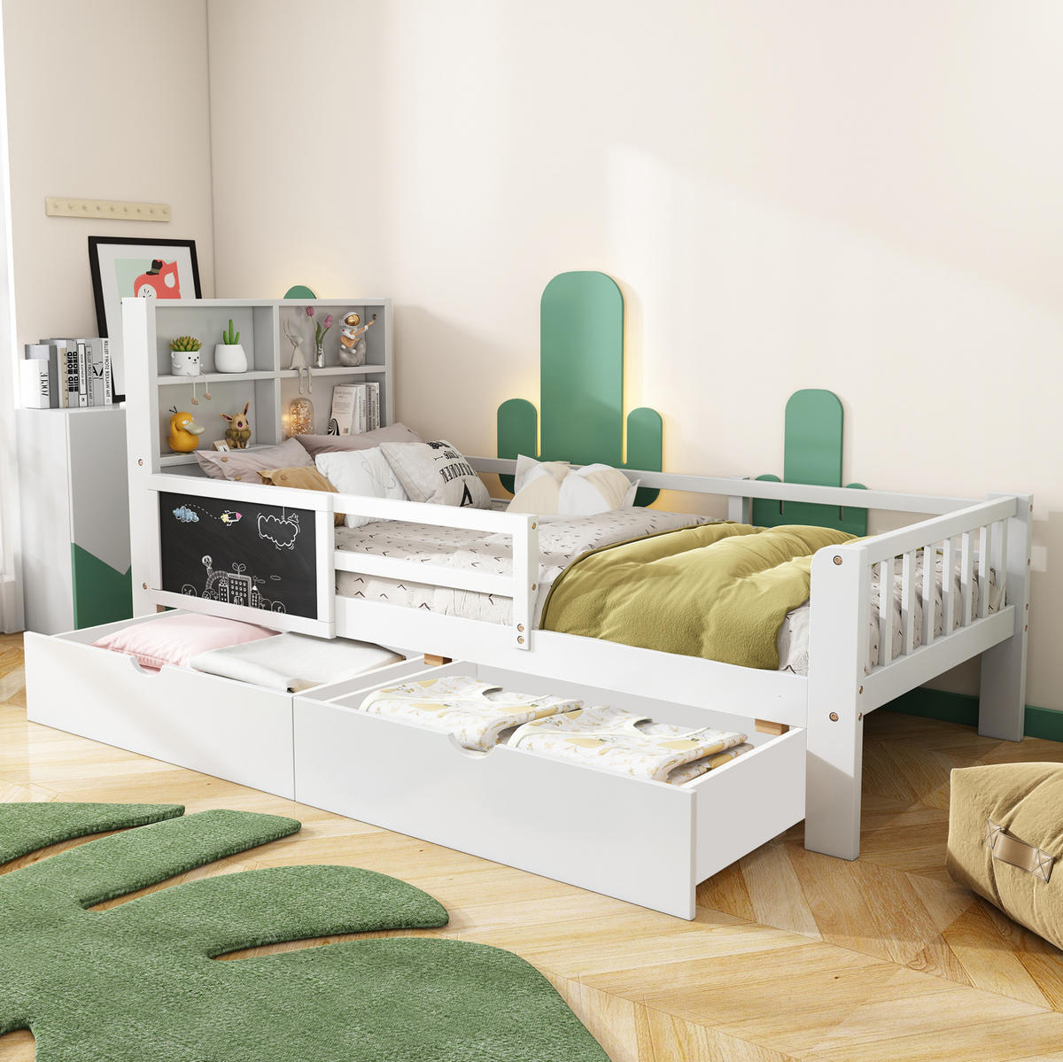 KINDEREINZELBETTEN aus Massivholz und MDF 90x200 cm in Weiß mit Schubladen & Tafel - Weiß, Holzwerkstoff (90/200cm) - Modfu