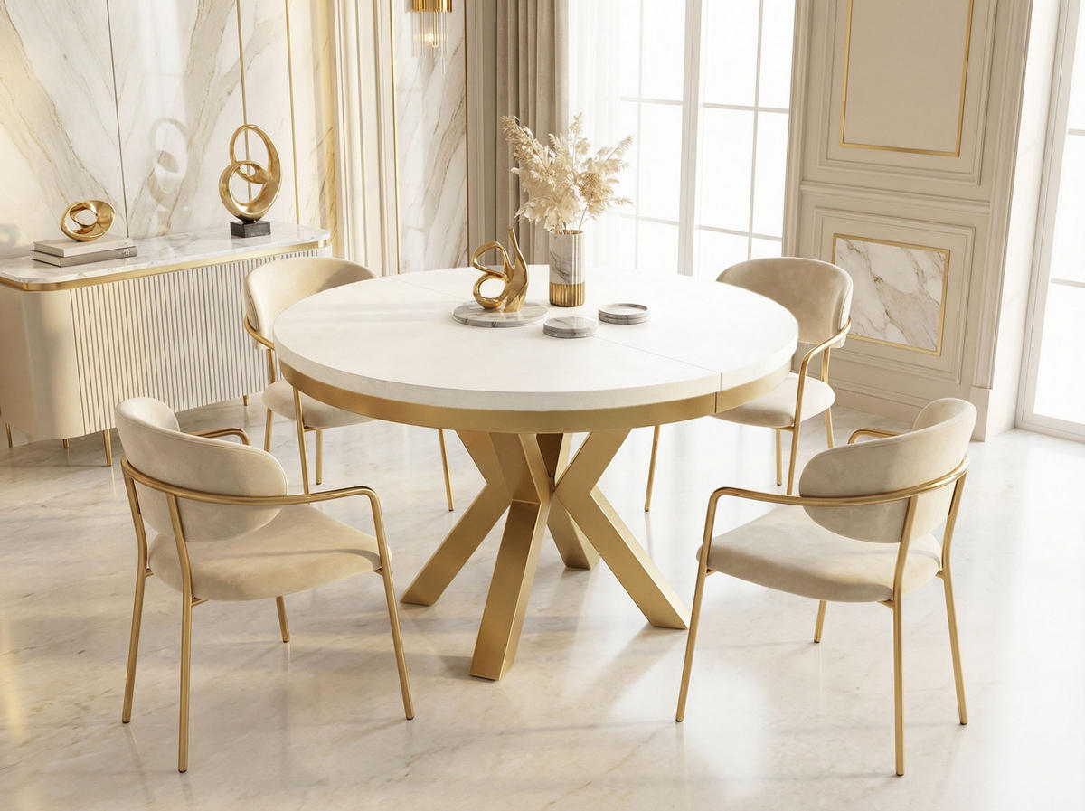 ESSTISCH Clara Gold runder ausziehbarer, Weiß 120-200/120/76 cm - Goldfarben/Weiß, Holzwerkstoff/Metall (120/120/76cm) - WFL GROUP