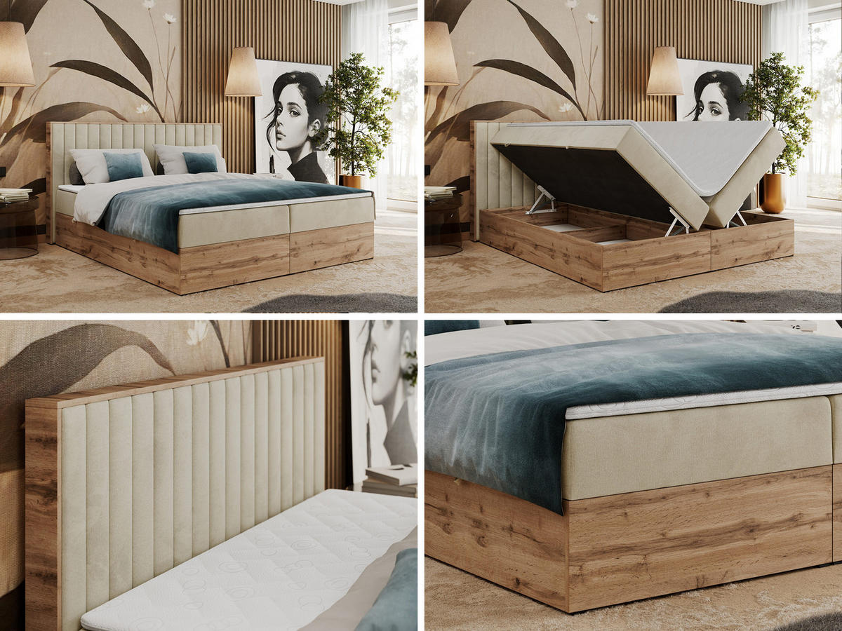 BOXBETT ALBERO 4 - 160/200 Beige Velvet - H3 - Beige, Holz/Textil (160/200cm) - MKS