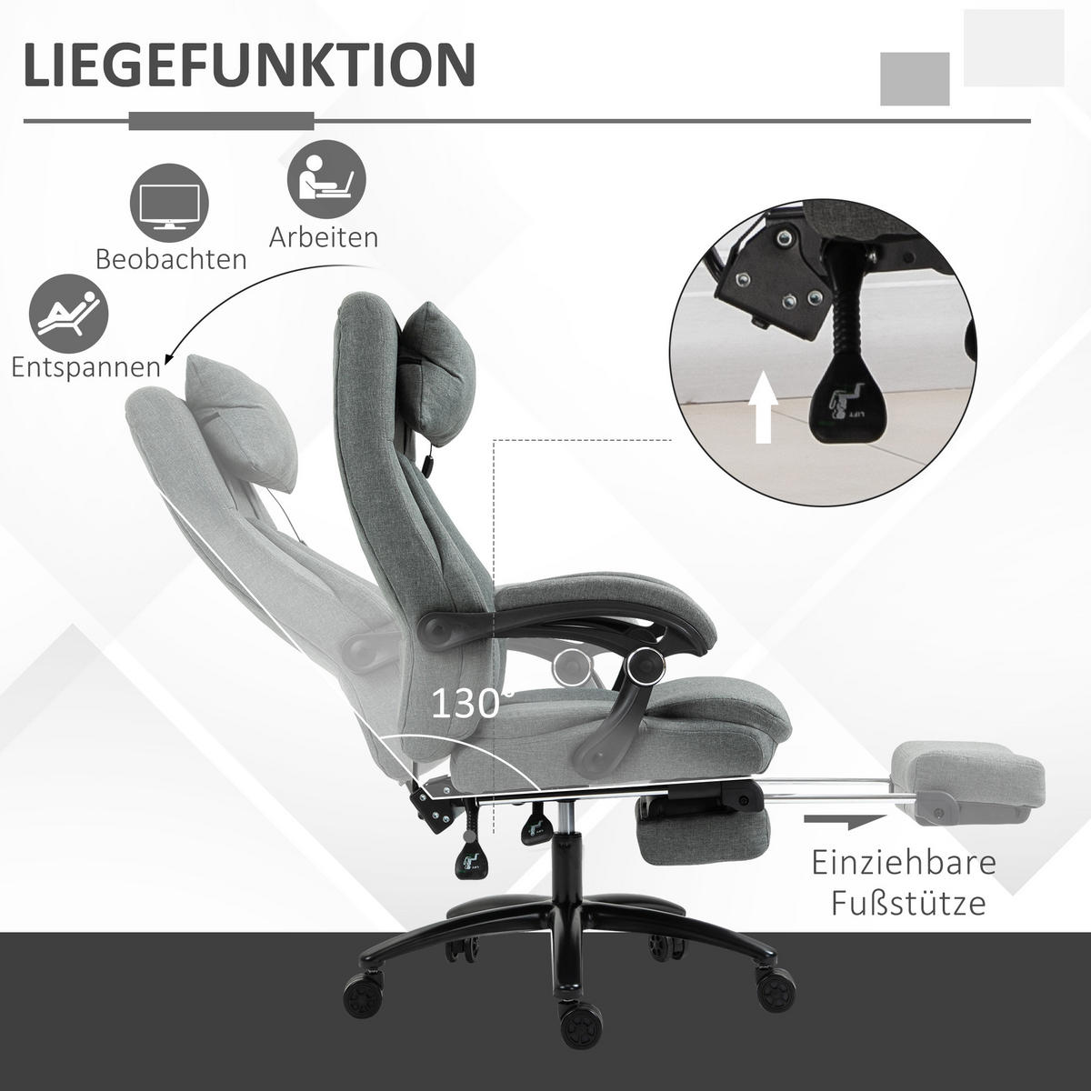 MASSAGEBÜROSTUHL Drehstuhl mit Fußstütze höhenverstellbar Leinen-Gefühl Grau - Grau, Kunststoff (74/117/64cm) - Vinsetto