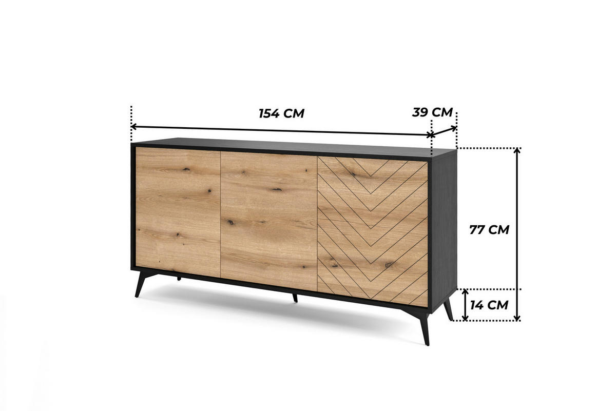 KOMMODE DIAMOND K3D (Eiche Evoke, Schwarz, Fischgrätmuster, Metallfüße, Push to Open) - Eichefarben/Schwarz, Holz/Holzwerkstoff (154/77/39cm) - Ravio