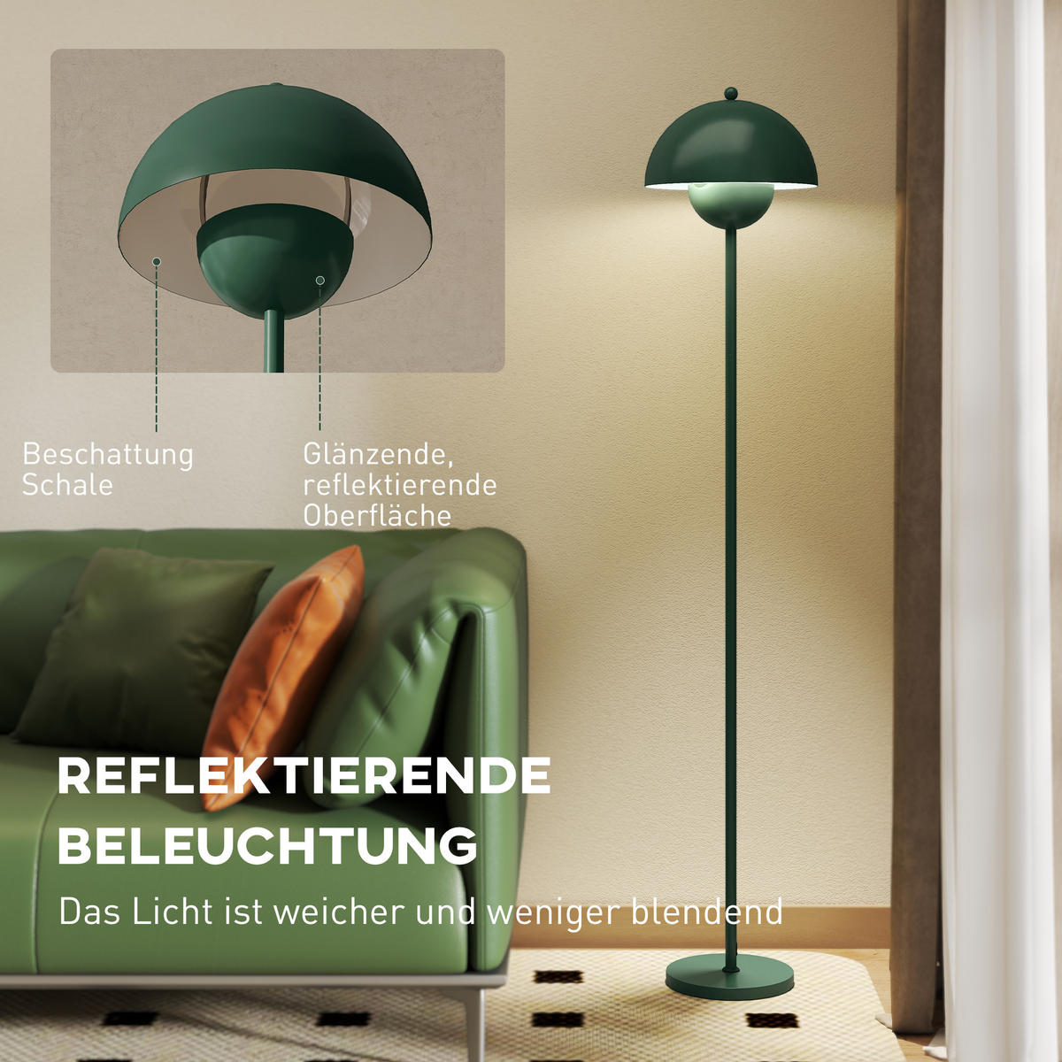 STEHLAMPE mit rundem Schirm, Fußschalter Grün - Grün, Metall (30/30/155cm) - HOMCOM