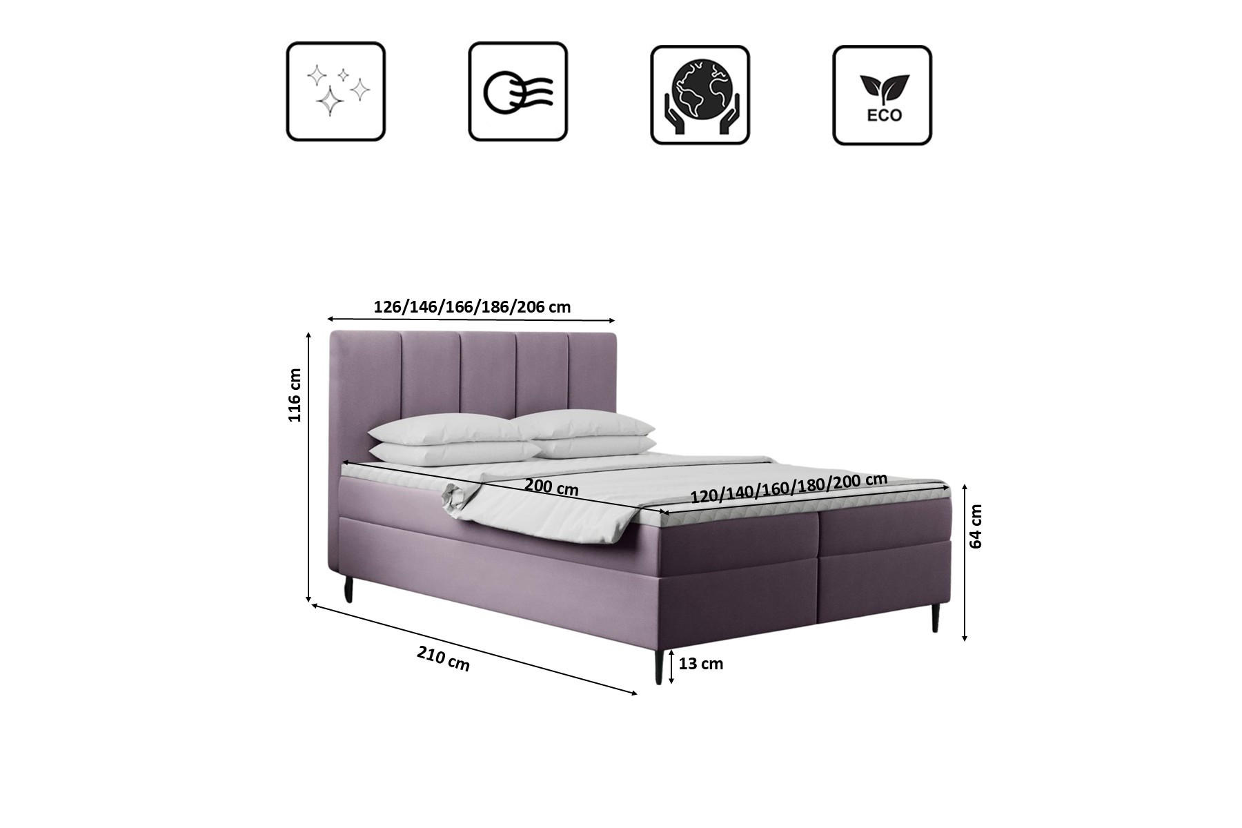 Thumbnail - Kaiser Möbel Boxbett, Violett, Textil, 2 Schubladen, H2, Höhe ca. 20 cm, einzeln stellbar, 140x200 cm, Reach, Schlafzimm...