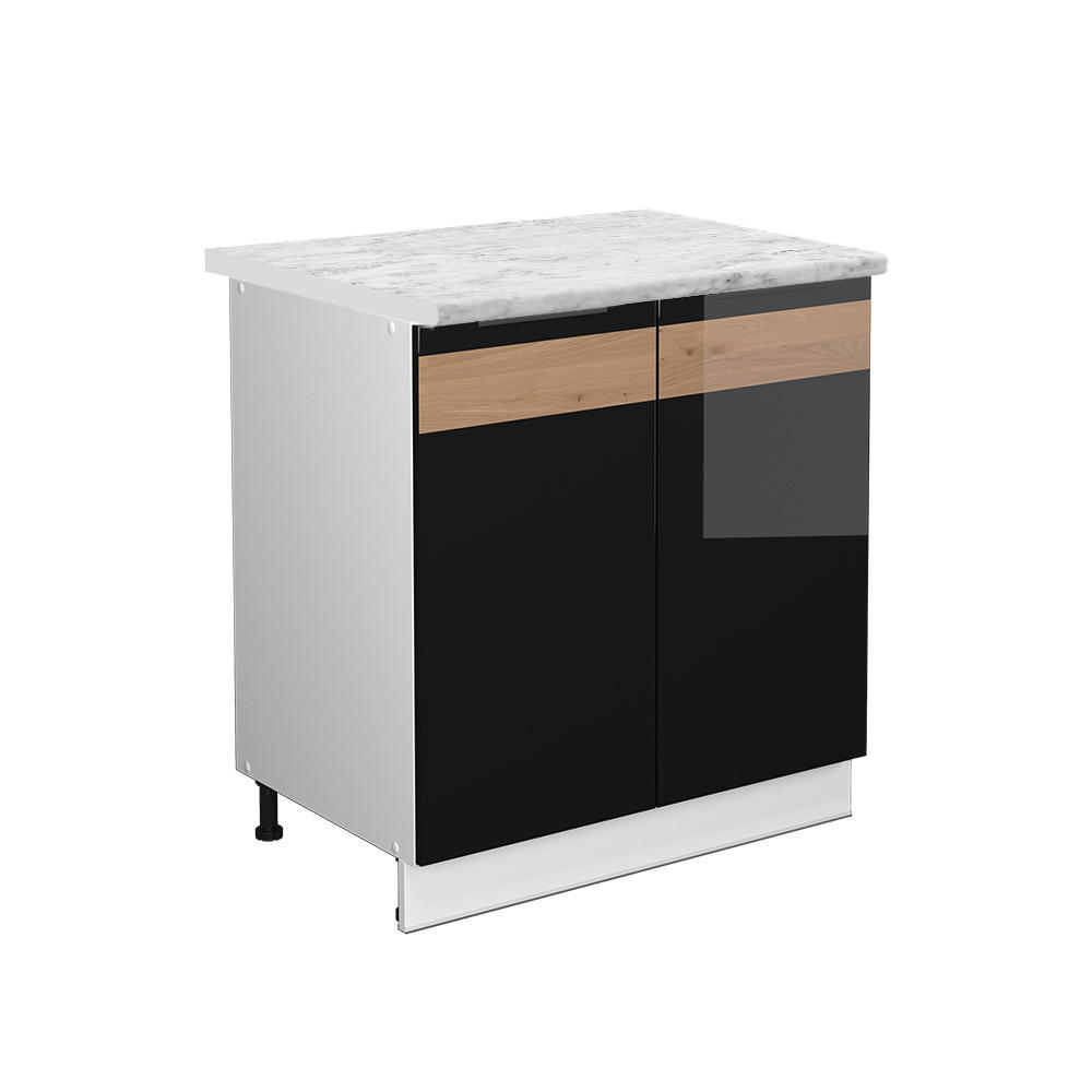 SPÜLENUNTERSCHRANK Fame-Line Schwarz Eiche hochglanz 80 cm mit Regal AP Marmor - Schwarz Hochglanz/Schwarz, Holzwerkstoff (80/82/60cm) - Vicco