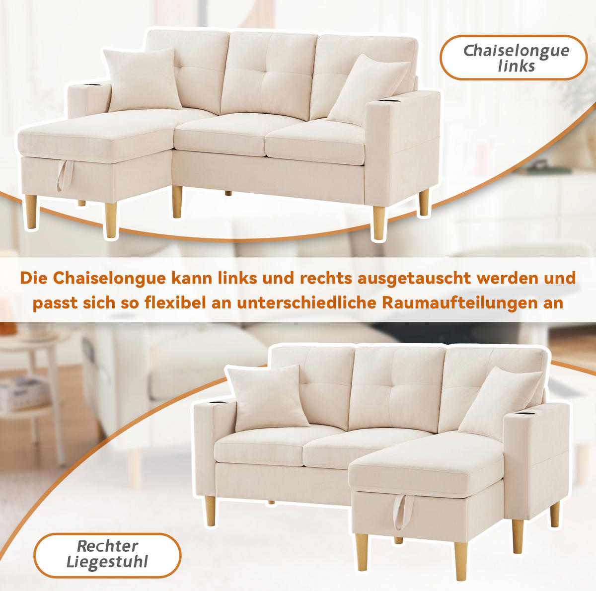 ECKSOFA L-Form Baumwoll-Leinen mit Stauraum und Getränkehaltern 175/129/90 cm Beige - Beige, Textil (175/129cm) - Redom