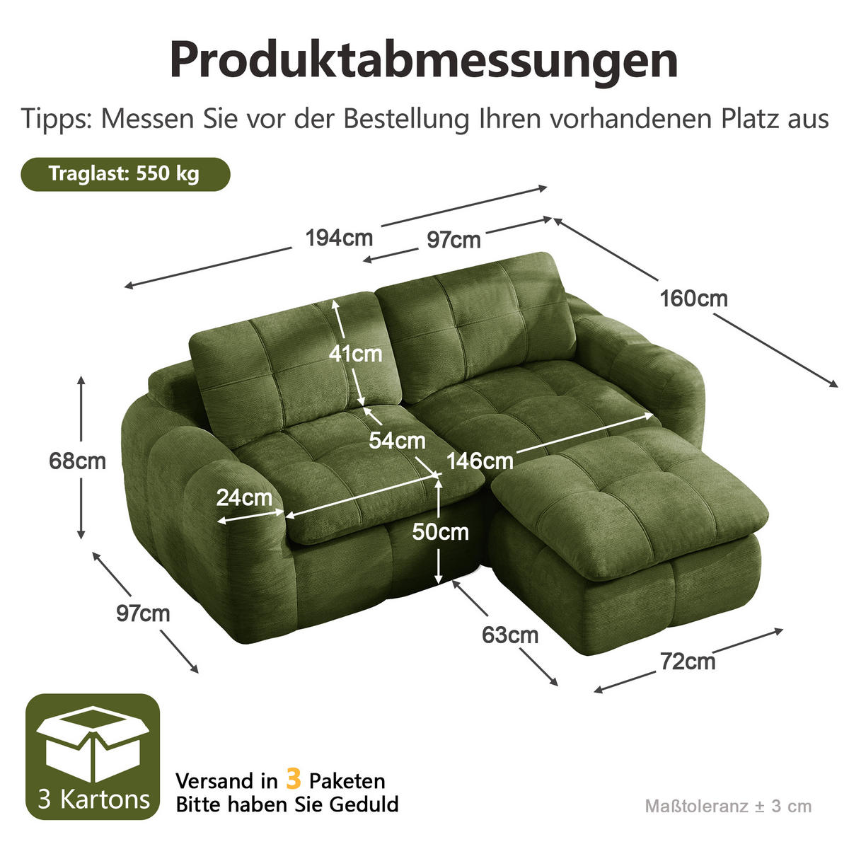ECKSOFA DE-34464 Karostepp-Design und Ottoman Grün - Grün, Textil (160/194cm) - ComfortXL