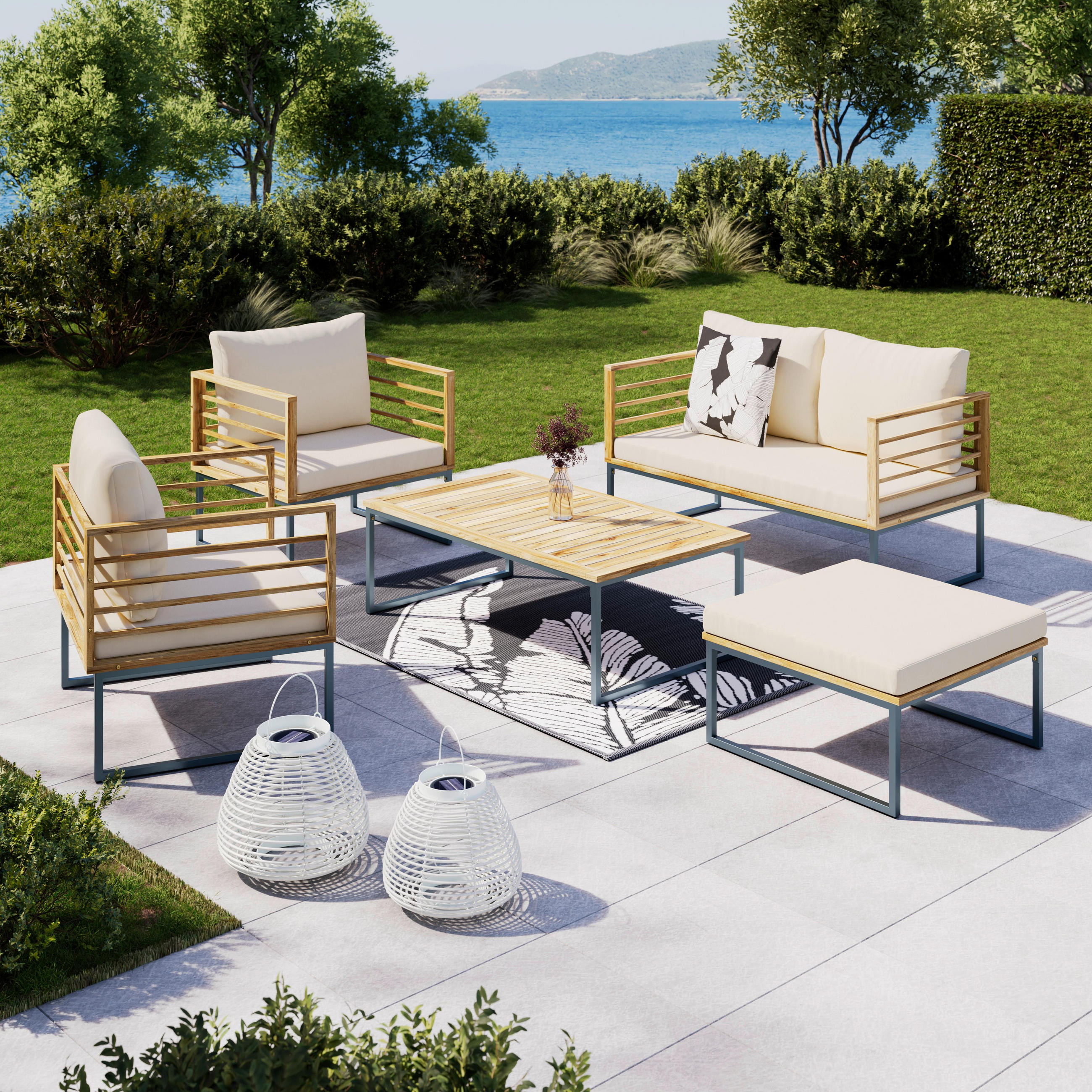 LOUNGEGARNITUR Silas Creme Holz/Outdoorstoff/Metall - Creme, Holz - Bessagi Garden