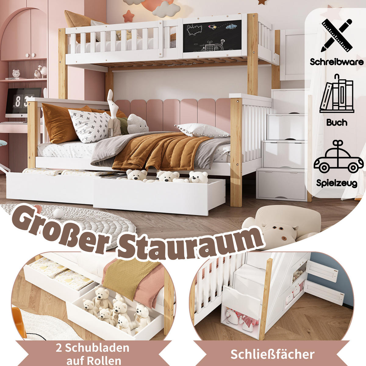 ETAGENBETT 90/200 + 140/200 cm aus Massivholz mit Tafel, Treppe und Stauraum Weiß/Eiche hell - Weiß, Holz (90/200cm) - Modenvie