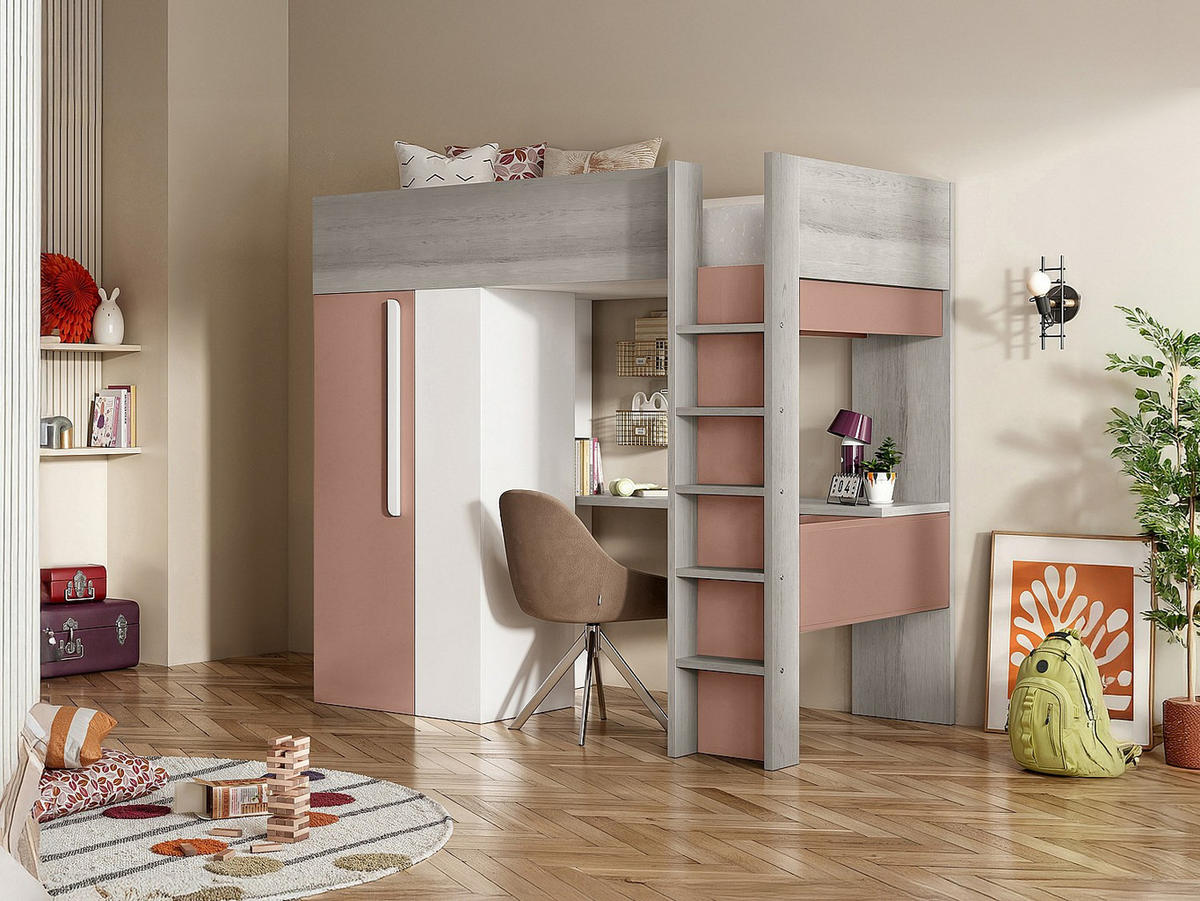 HOCHBETT mit Schreibtisch & Kleiderschrank + Matratze - 90 x 200 cm - Rosa & Weiß - NICOLAS - Pink, Holz (110/205.2cm) - Vente-Unique