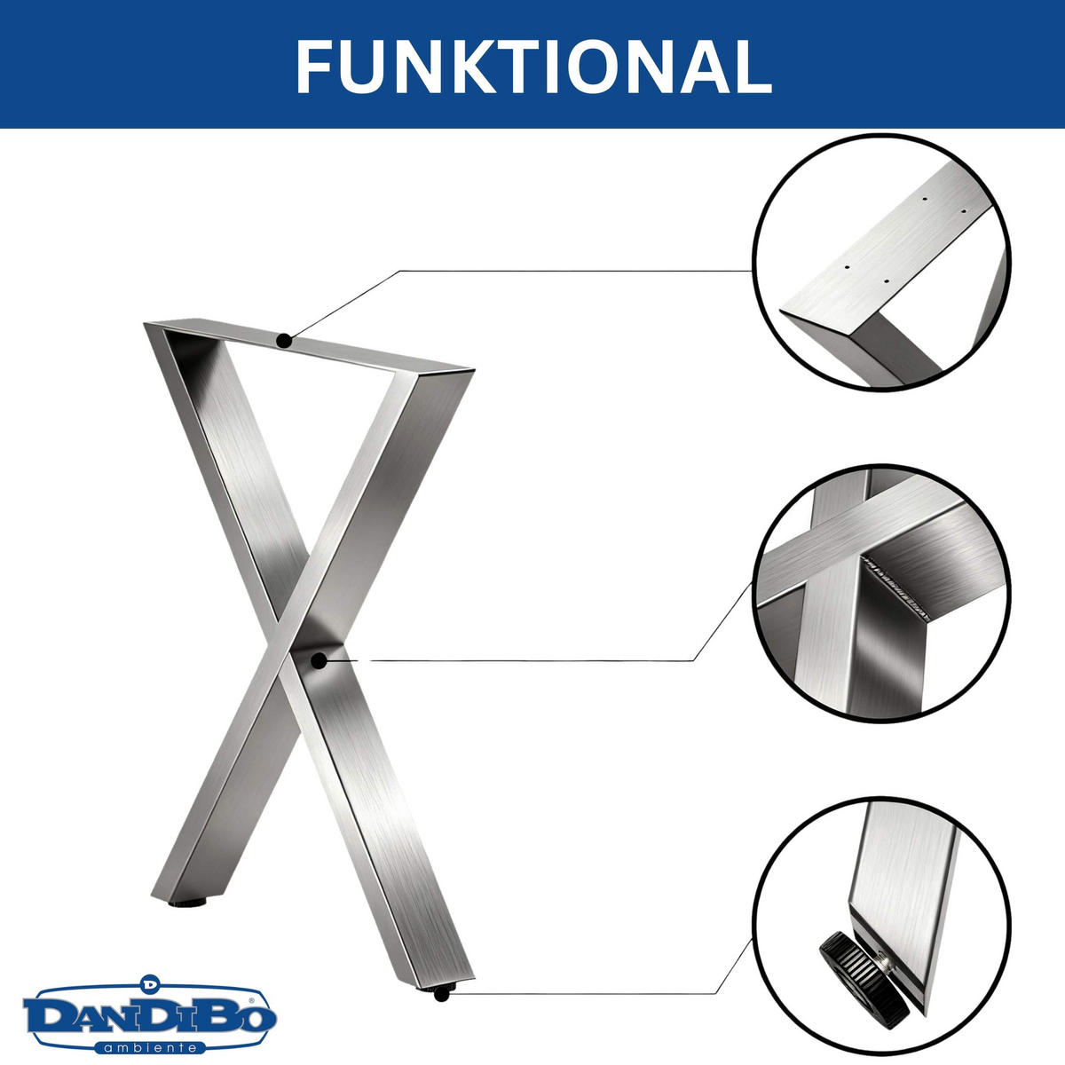 TISCHEBEINE Edelstahl Set 72 x 60 cm Tischgestell Möbelfüße 96676 - Edelstahlfarben, Metall (60/72/8cm) - DanDiBo