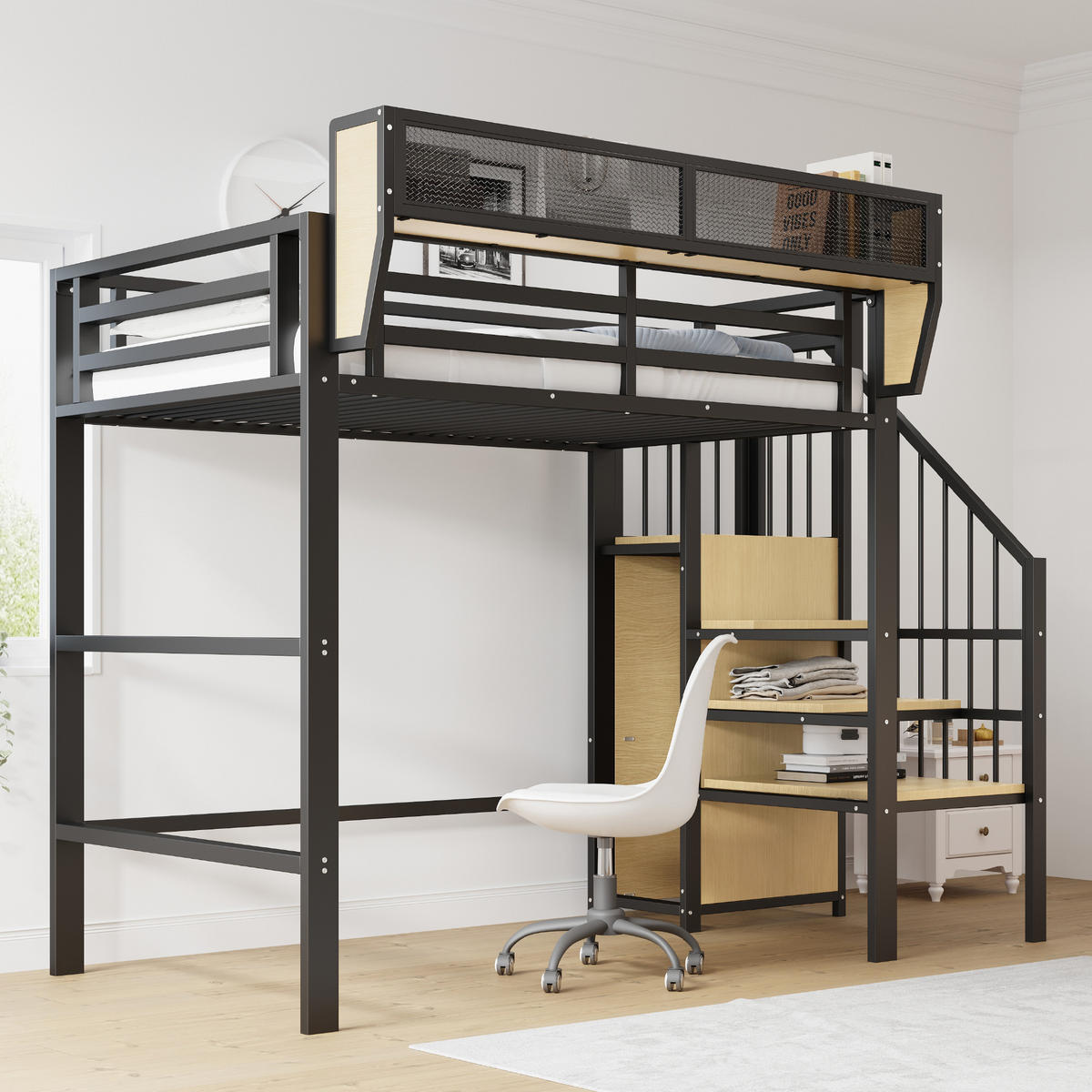 HOCHBETT mit Regalen und Treppe Schwarz - Schwarz, Holzwerkstoff/Metall - Urban Meuble