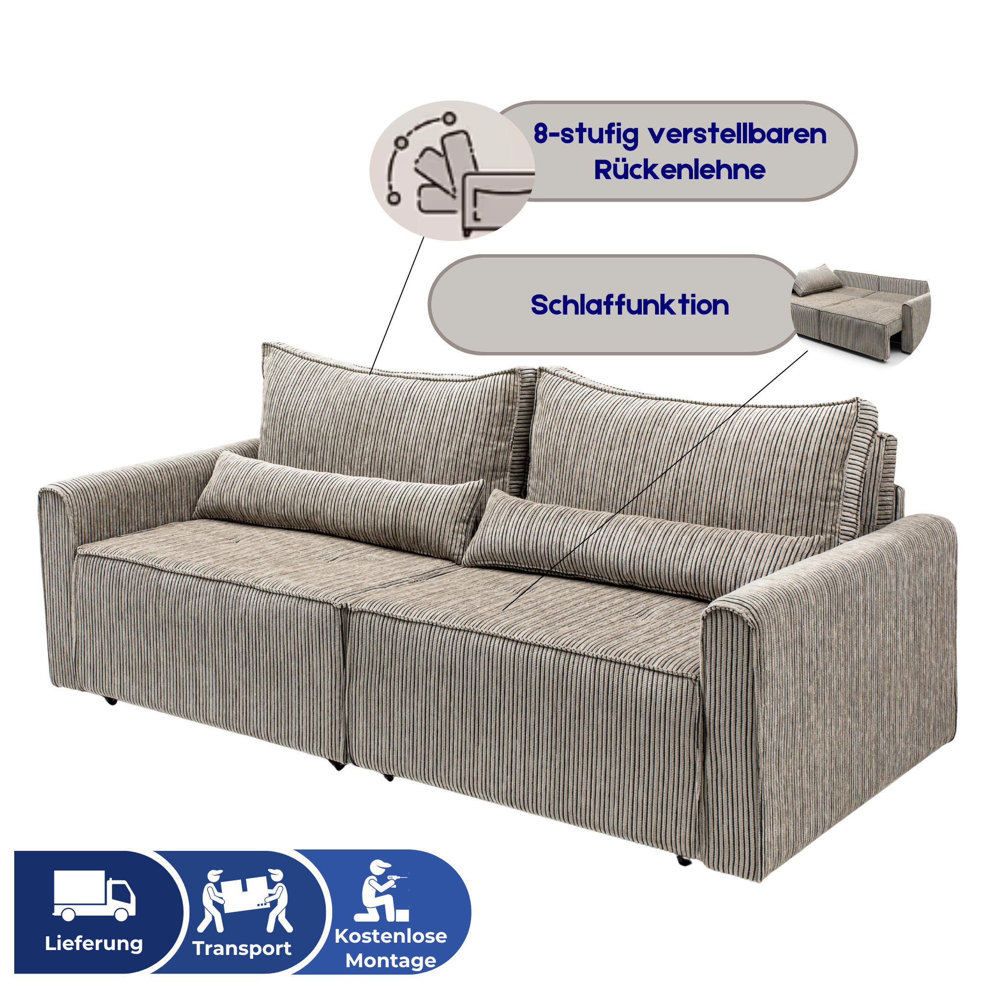 ECKSOFA mit Schlaffunktion 8 fach verstellbare Rückenlehne - Beige, Holz (137/190cm) - Gowoll