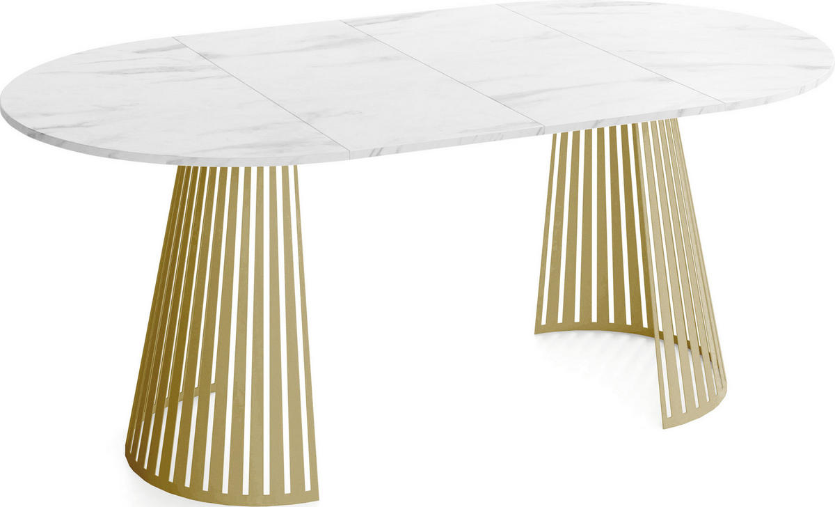ESSTISCH Naro rund ausziehbar mit Goldenem Lamellen-Metallgestell, Marmor Weiß 120-200/120/76 cm - Ecru/Goldfarben, Holzwerkstoff/Metall (120/120/76cm) - WFL GROUP