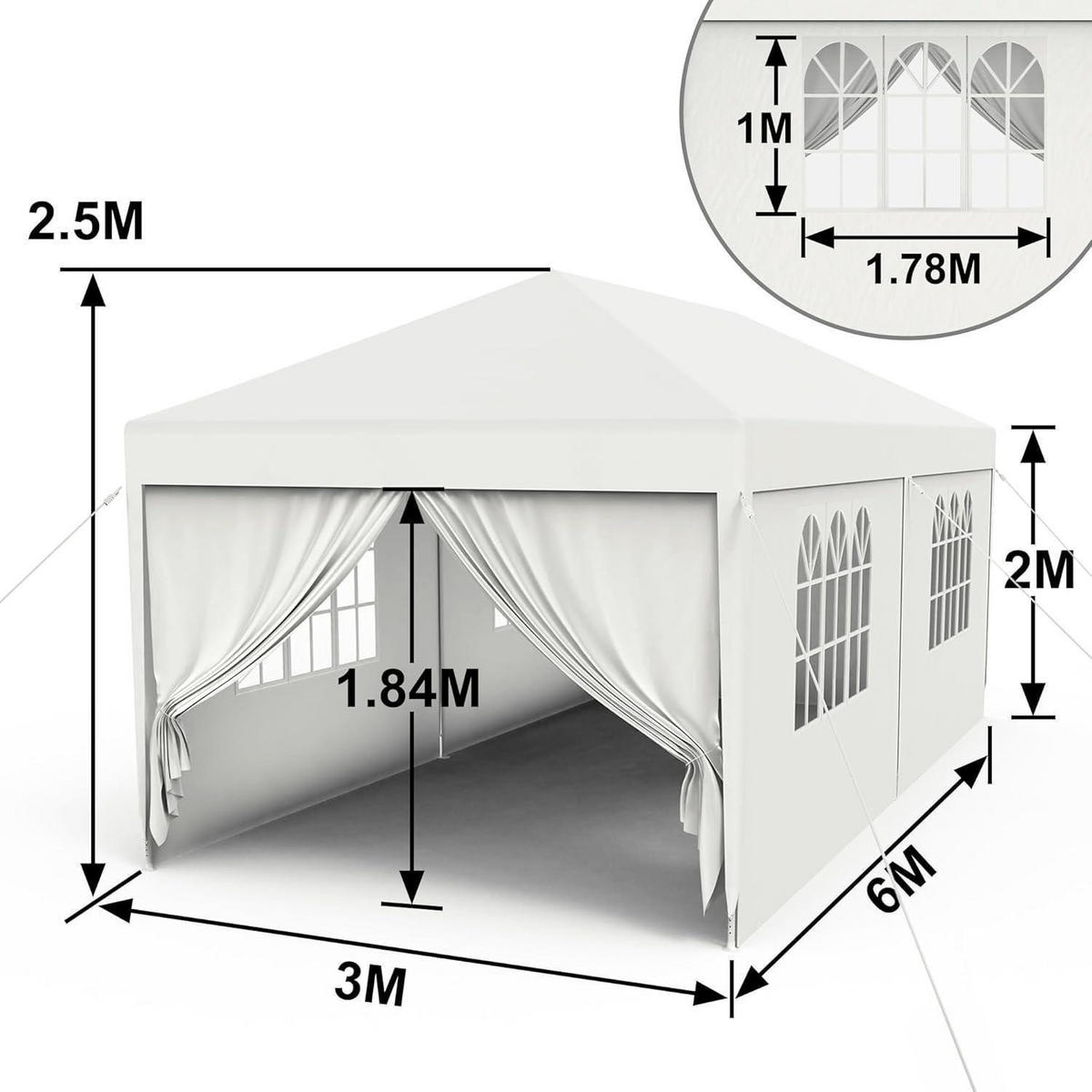 GARTENPAVILLON 3 x 6 m Weiß mit Seitenteilen und Fenstern - Weiß, Kunststoff (300/250/600cm)