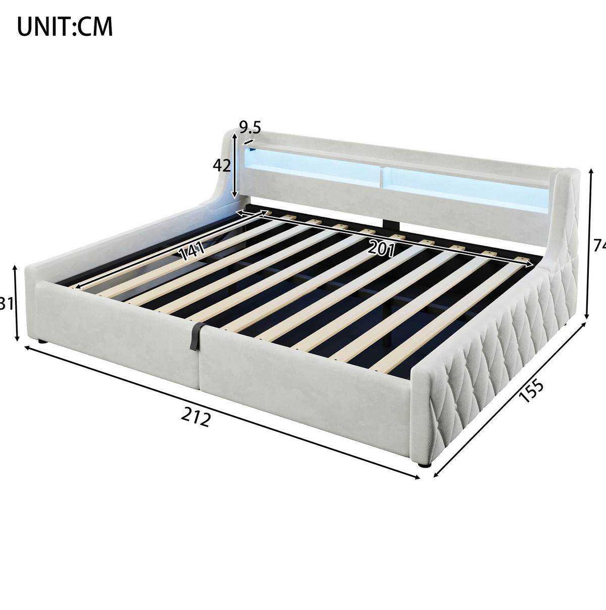POLSTERBETT 140x200 cm in Offwhite mit LED-Kopfteil und hydraulischem Bettkasten - Creme, Textil (140/200cm) - IVMEU