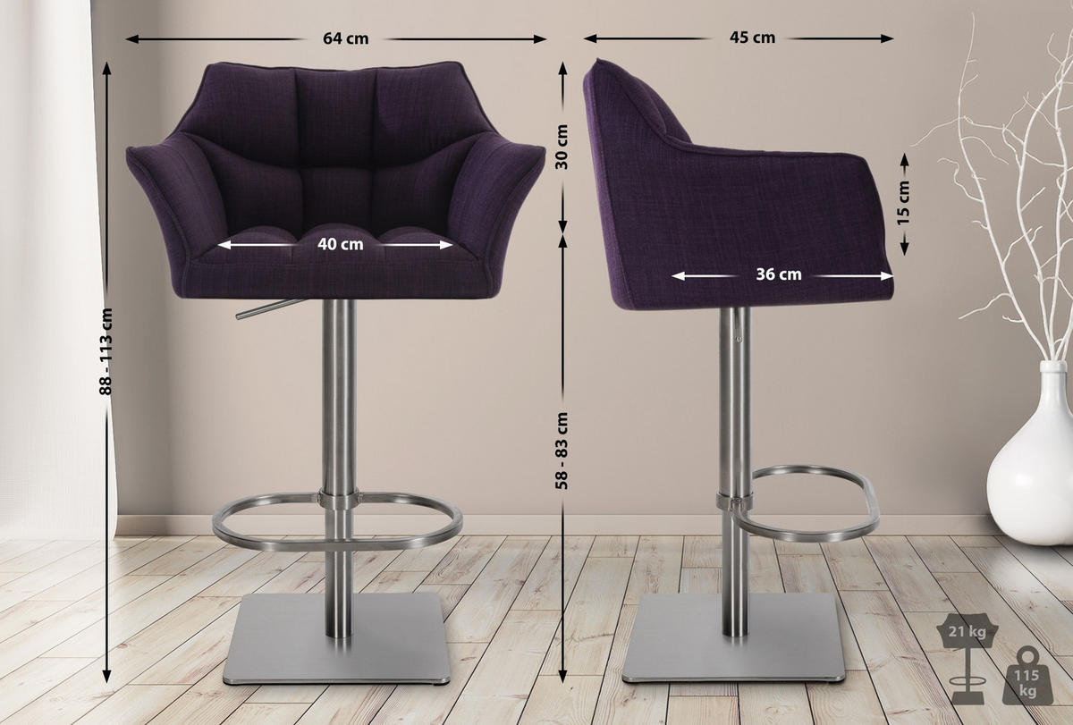 BARHOCKER Stoff Lila - Edelstahlfarben/Lila, Textil/Metall (64/88/45cm) - CLP