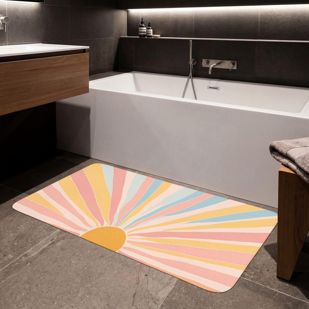 BADEMATTE Illustration - Sonne - Pastellfarben 120x60 cm - Pastellblau, Kunststoff/Textil (120/60cm)