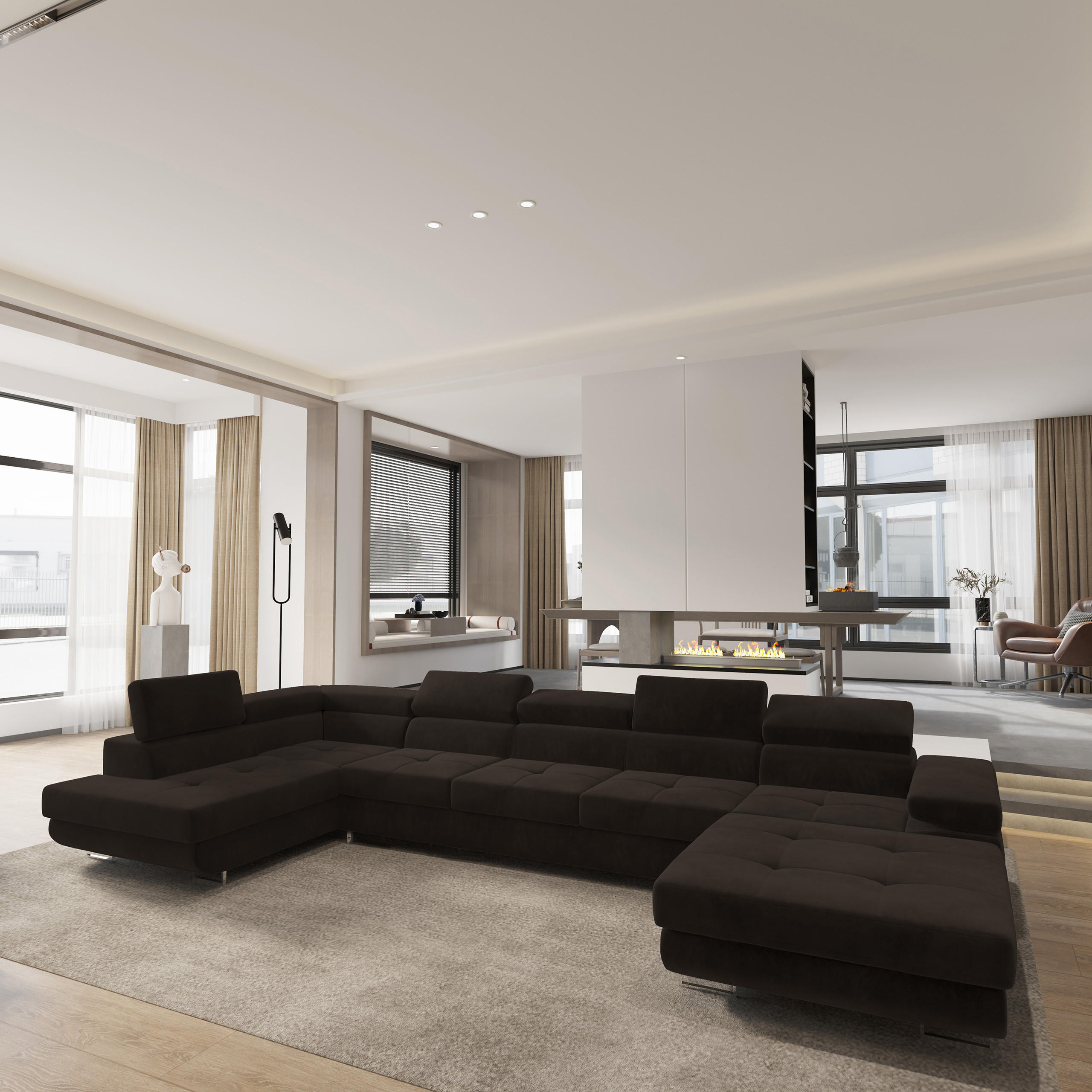 WOHNLANDSCHAFT TORIVA L-S Braun Velours-Stoff mit Schlaffunktion - Braun, Holz (418/90/202cm) - MASSENO