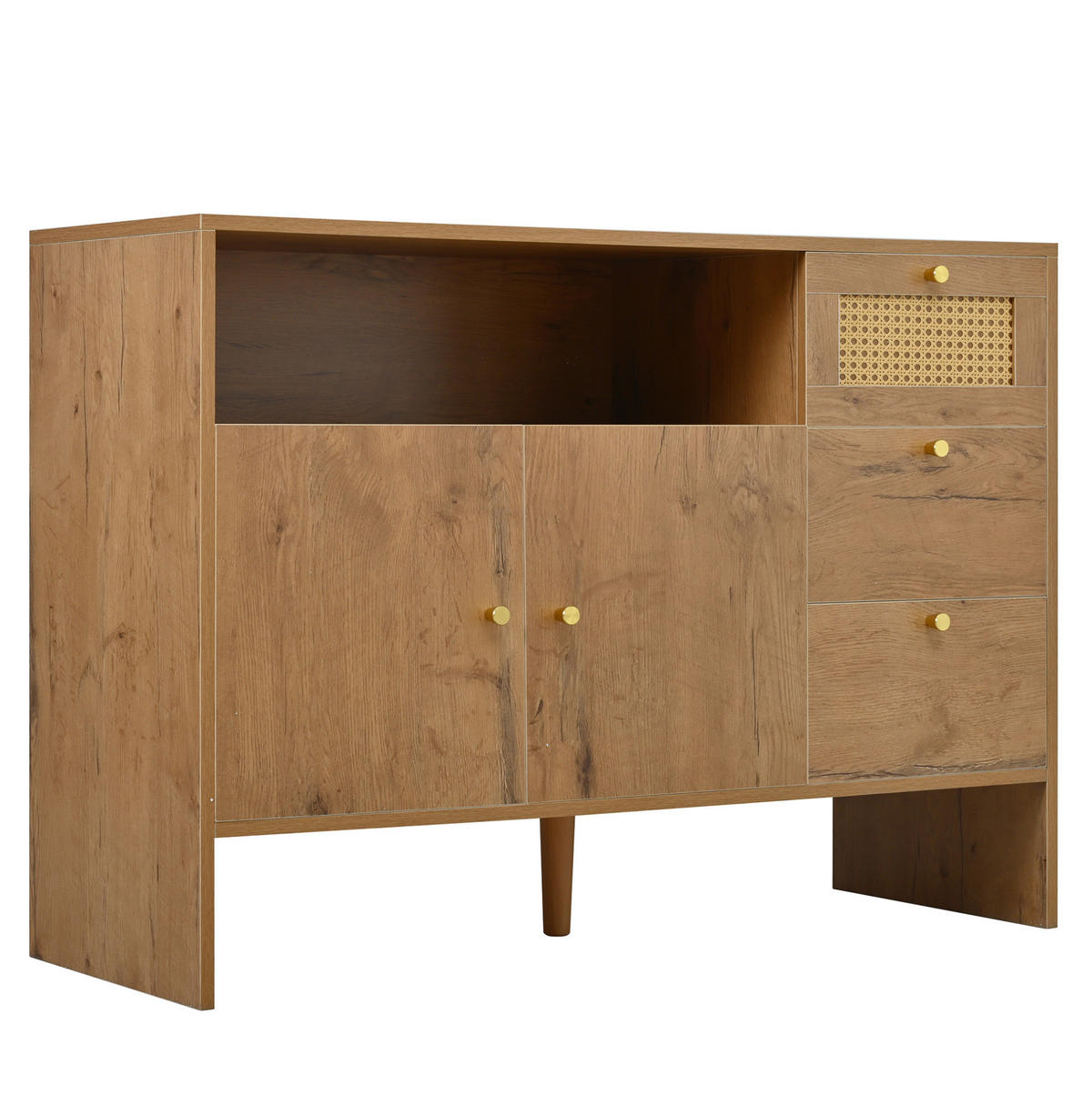 SIDEBOARD 105/40/76 cm mit 2 Türen, 3 Schubladen & Rattan-Optik - Naturfarben, Holzwerkstoff (105/76/40cm) - BEAOK
