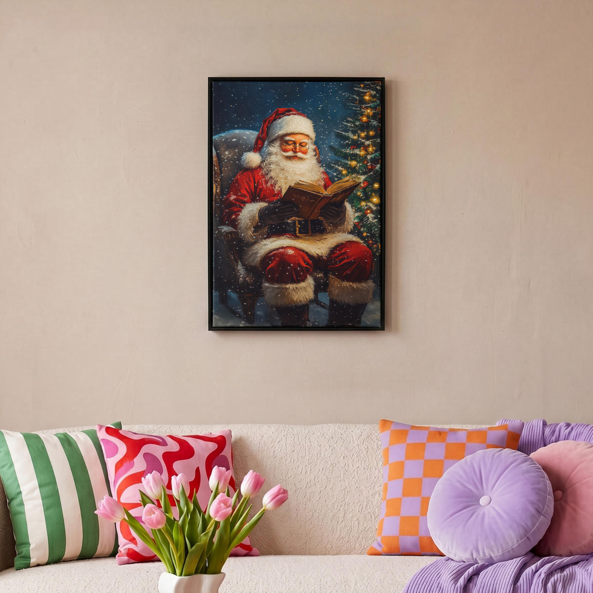 LEINWAND Bilder mit Rahmen - Weihnachtsmann - Weihnachten - Winter - Weihnachtsbaum - 40x60 - Bordeaux, Textil (40/60cm) - MuchoWow