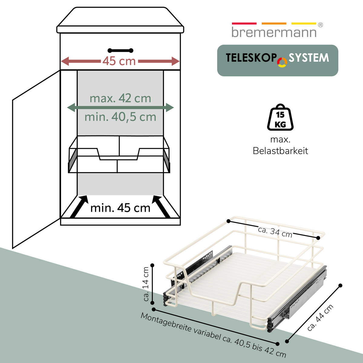 TELESKOPSCHUBLADE für 45 cm Schrank mit Einlegeboden, aus Metall, cremeweiß - Creme, Metall (42/14/44cm) - bremermann
