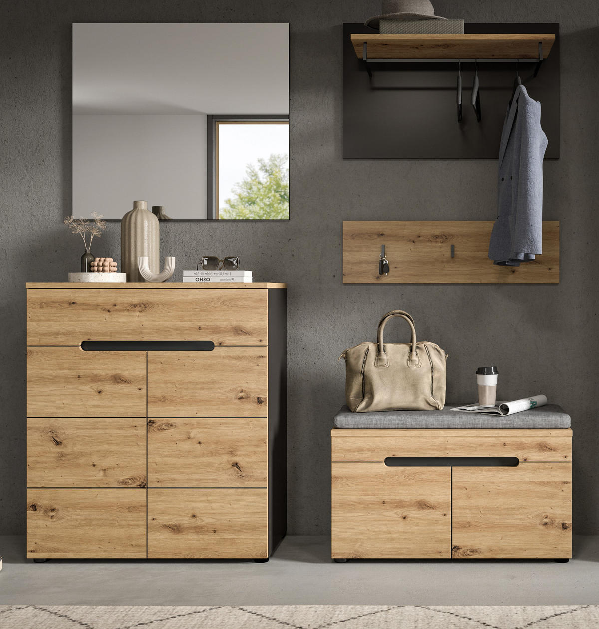 GARDEROBE Set 5-teilig Eiche Artisan grau 175 cm, mit Soft-Close - Schwarz/Eiche Artisan, Glas/Holzwerkstoff (175/190/37cm) - Inn.Furn