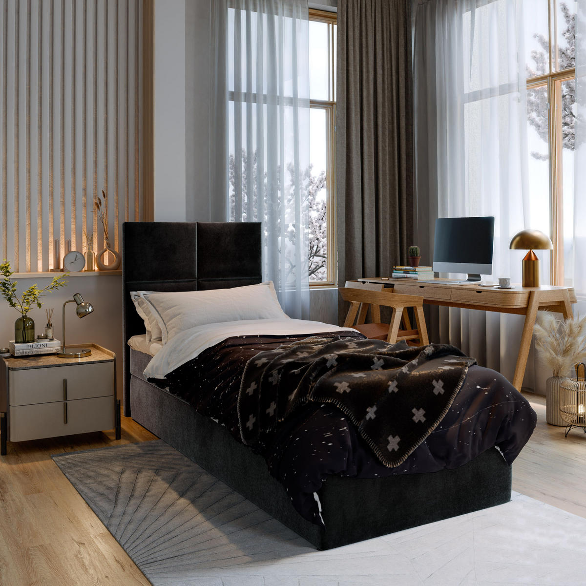 BOXBETT LENA 100 100x200 cm mit Matratze und Topper - Schwarz - Schwarz, Holz (100/200cm) - MASSENO