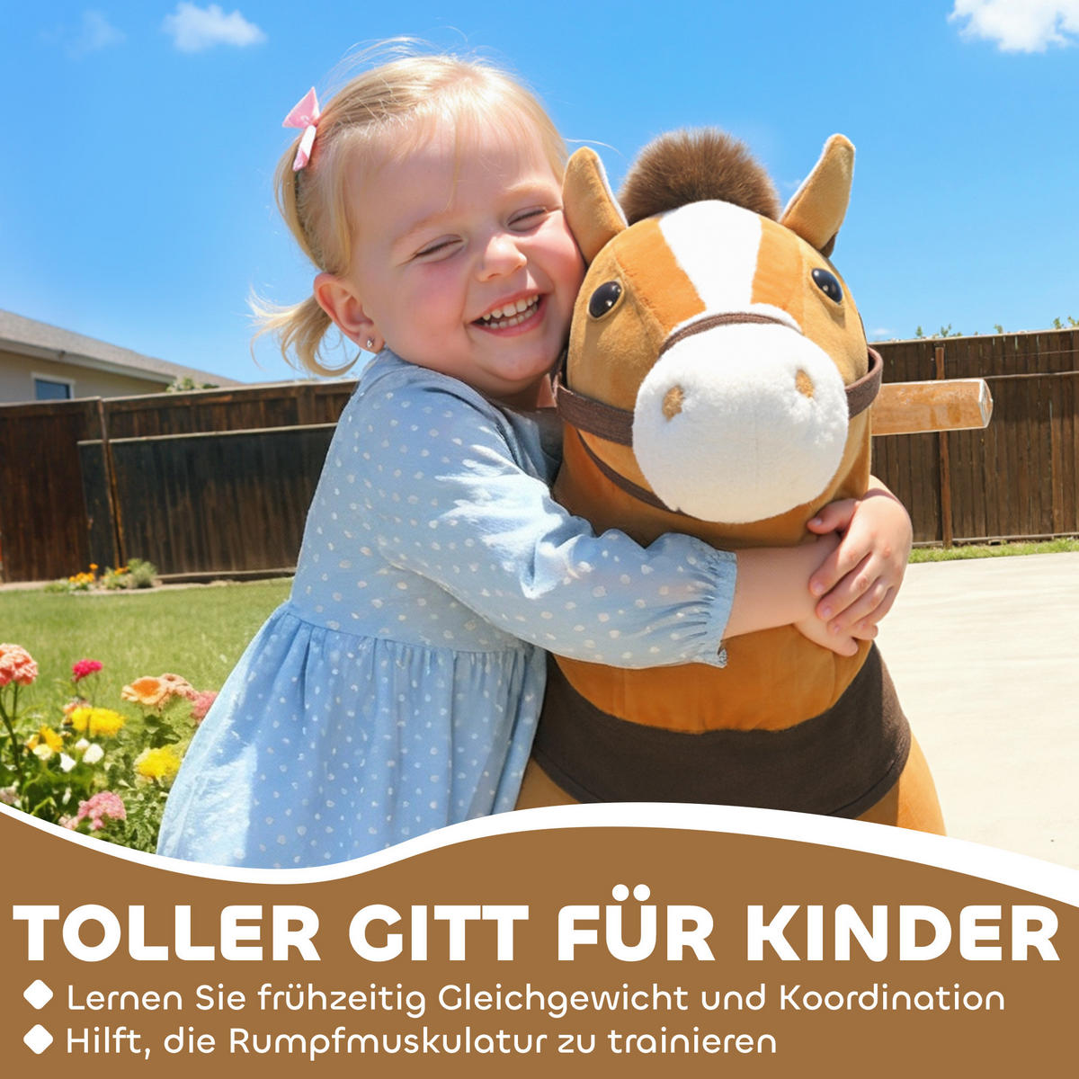 REITPFERD Spielpferd zum Reiten mit Sattel Rollen 75 cm Stehpferd Plüschpferd - Dunkelbraun, Textil (30/75/70cm) - AIYAPLAY