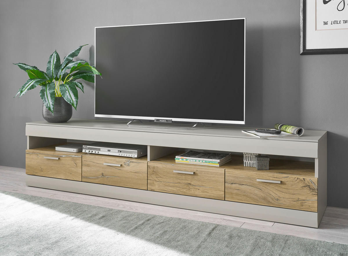 TV-LOWBOARD grau matt, Zinneiche 200, TV Unterteil XXL mit Soft-Close - Eichefarben/Silberfarben, Holzwerkstoff/Metall (200/46/45cm) - Furn.Design