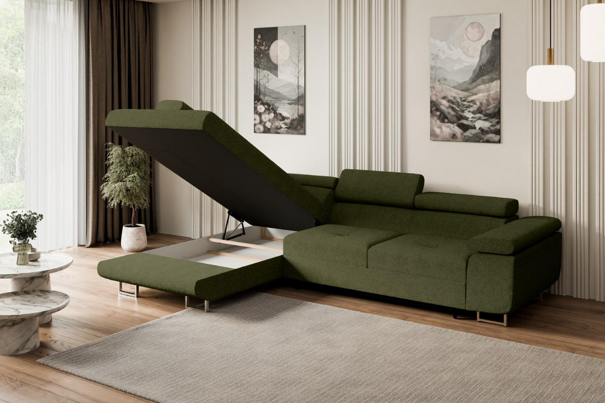 ECKSOFA mit Schlaffunktion und Bettkasten GUSA-L 272x202x107 cm Grün Bouclé - Silberfarben/Grün, Holzwerkstoff/Textil (202/272cm) - ALTDECOR