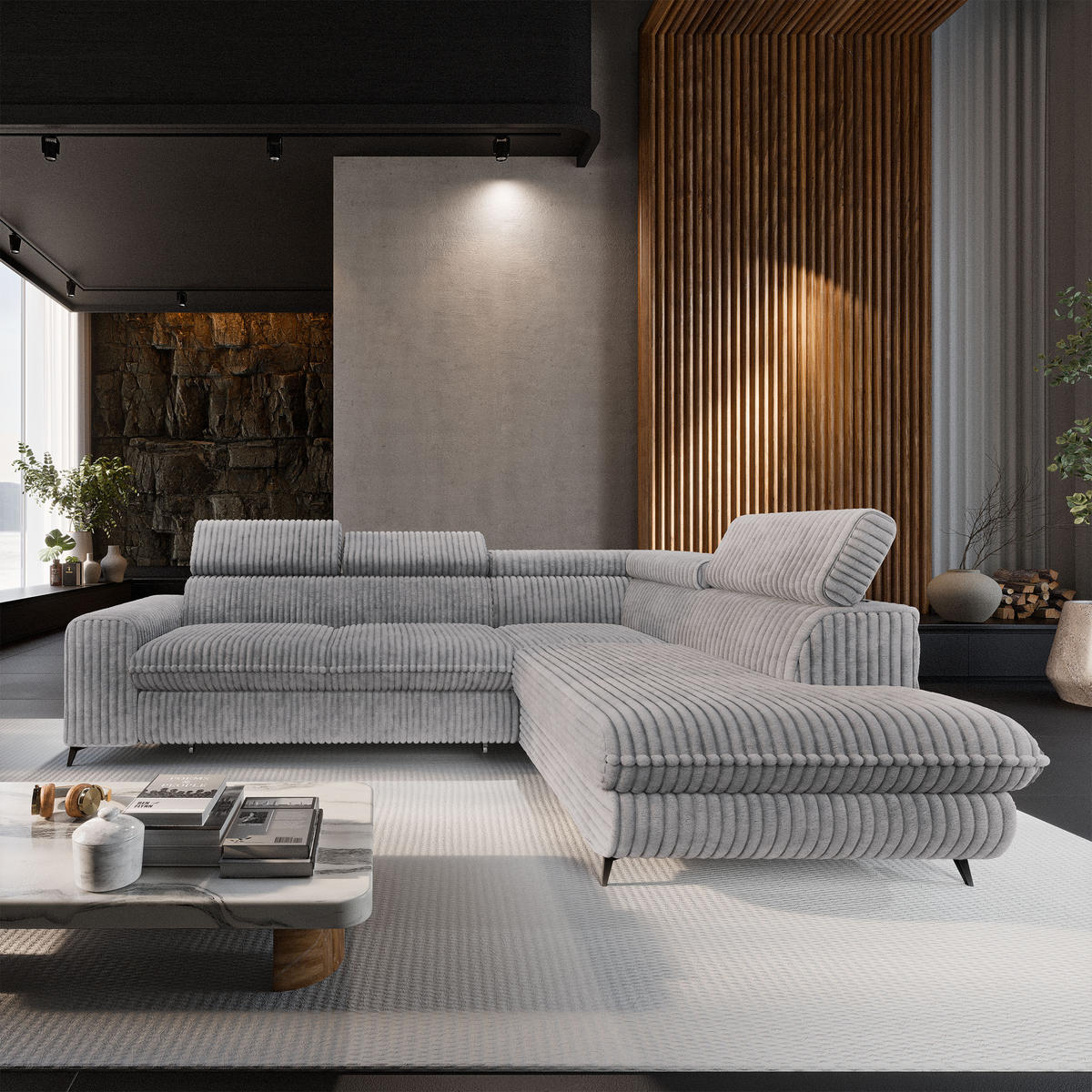 ECKSOFA VELISS Hellgrau Kordstoff mit Schlaffunktion - Hellgrau, Holz (255/193cm) - MASSENO