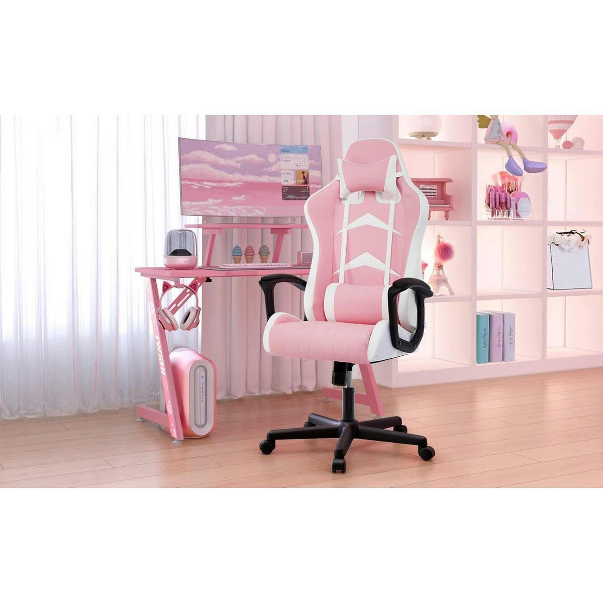 GAMING Stuhl mit Kopf- und Lendenkissen Rosa 52 x 49 x 130 cm - Rosa, Kunststoff (49/130/52cm)