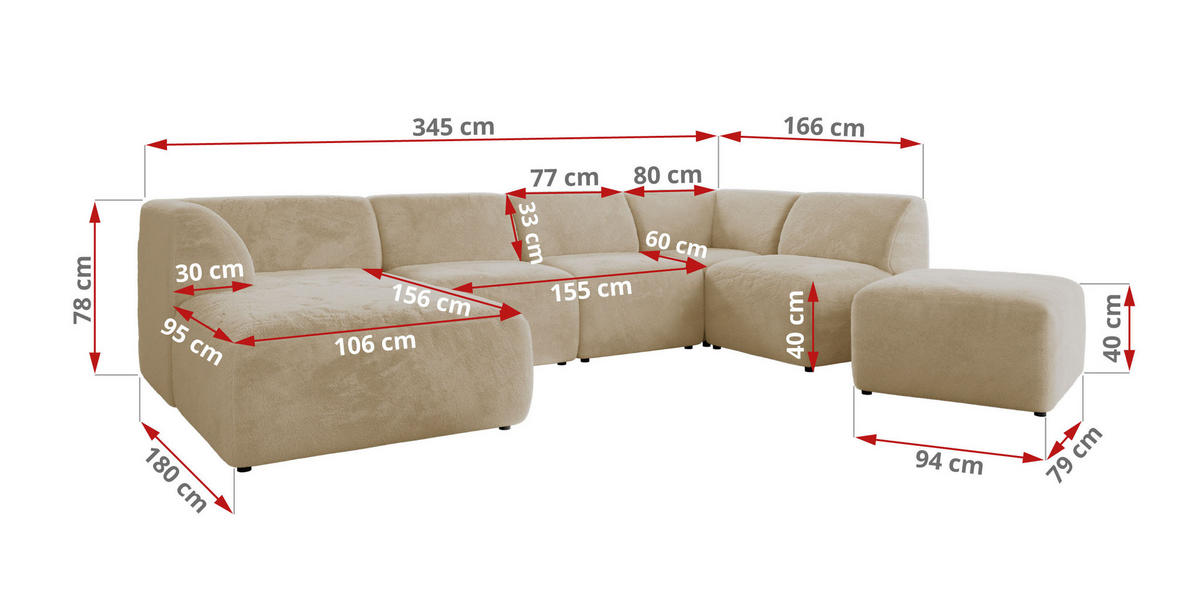 WOHNLANDSCHAFT MODARO U 6M - Creme Plüsch - Links - Creme/Schwarz, Textil (180/78/345cm) - MKS