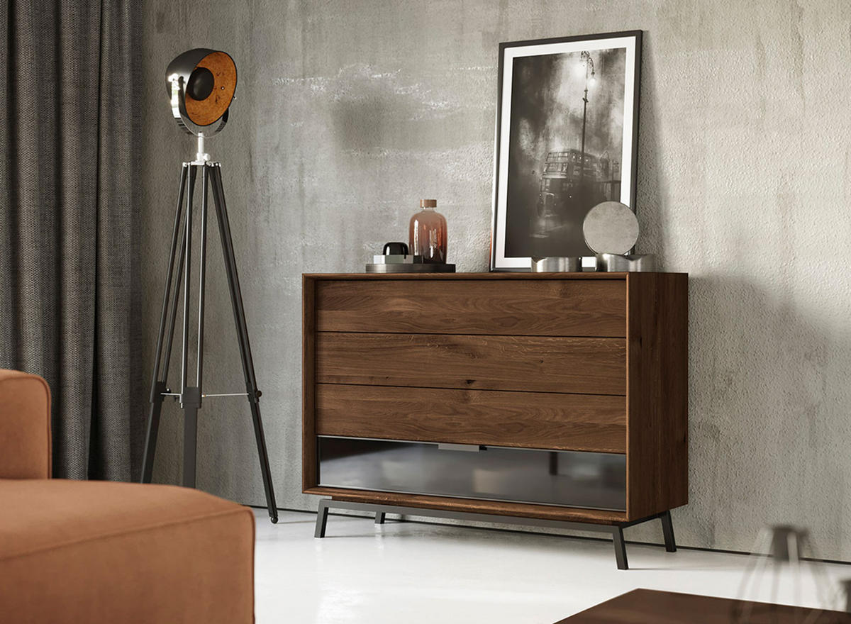 KOMMODE Modern Loft Eiche Tabak 121 / 45 / 90cm - Dunkelbraun/Schwarz, Holz/Metall (121/90/45cm) - Feldmann-Wohnen