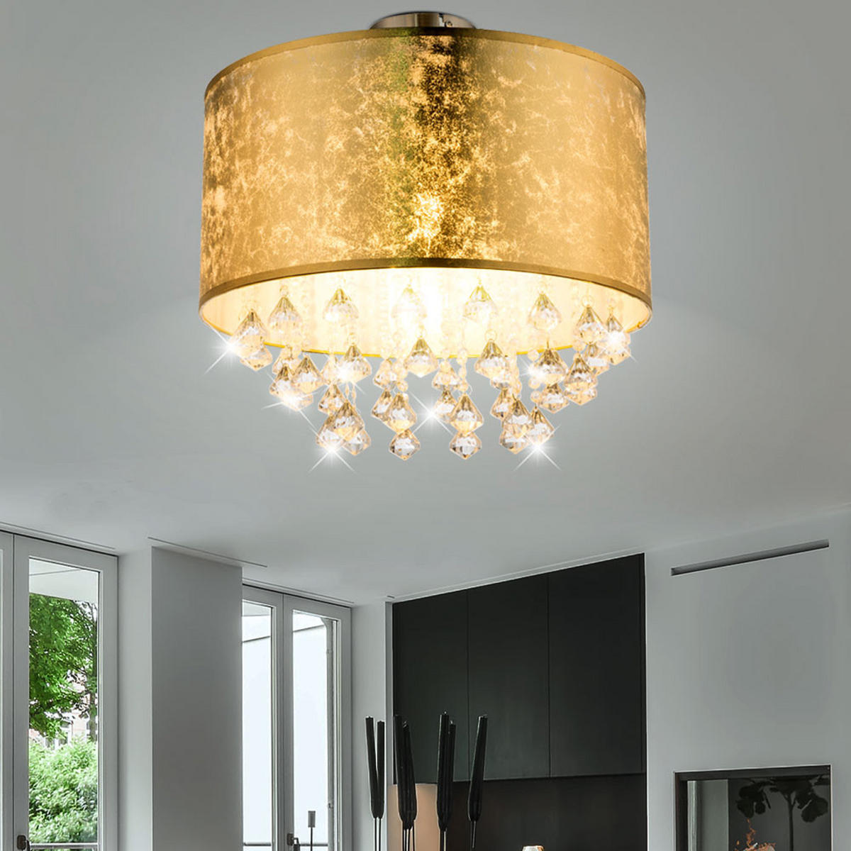 DECKENLEUCHTE Metall Textil Blattgold Kristalle - Goldfarben, Metall (30/30/31cm) - Globo Lighting