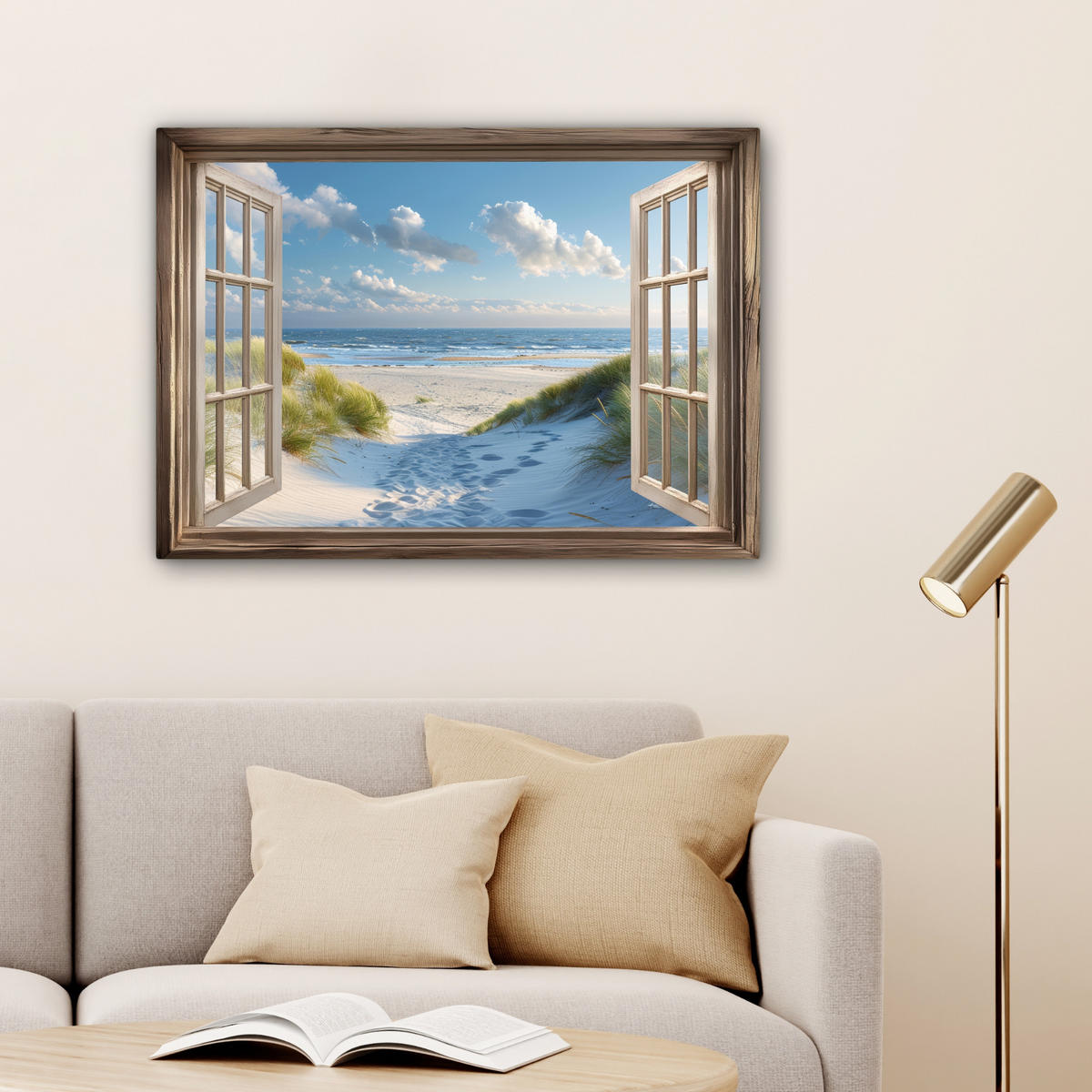 LEINWANDBILD Aussicht - Strand - Fenster - Dünen - Meer Wandbilder 80x60 cm - Hellblau, Textil (80/60cm) - MuchoWow