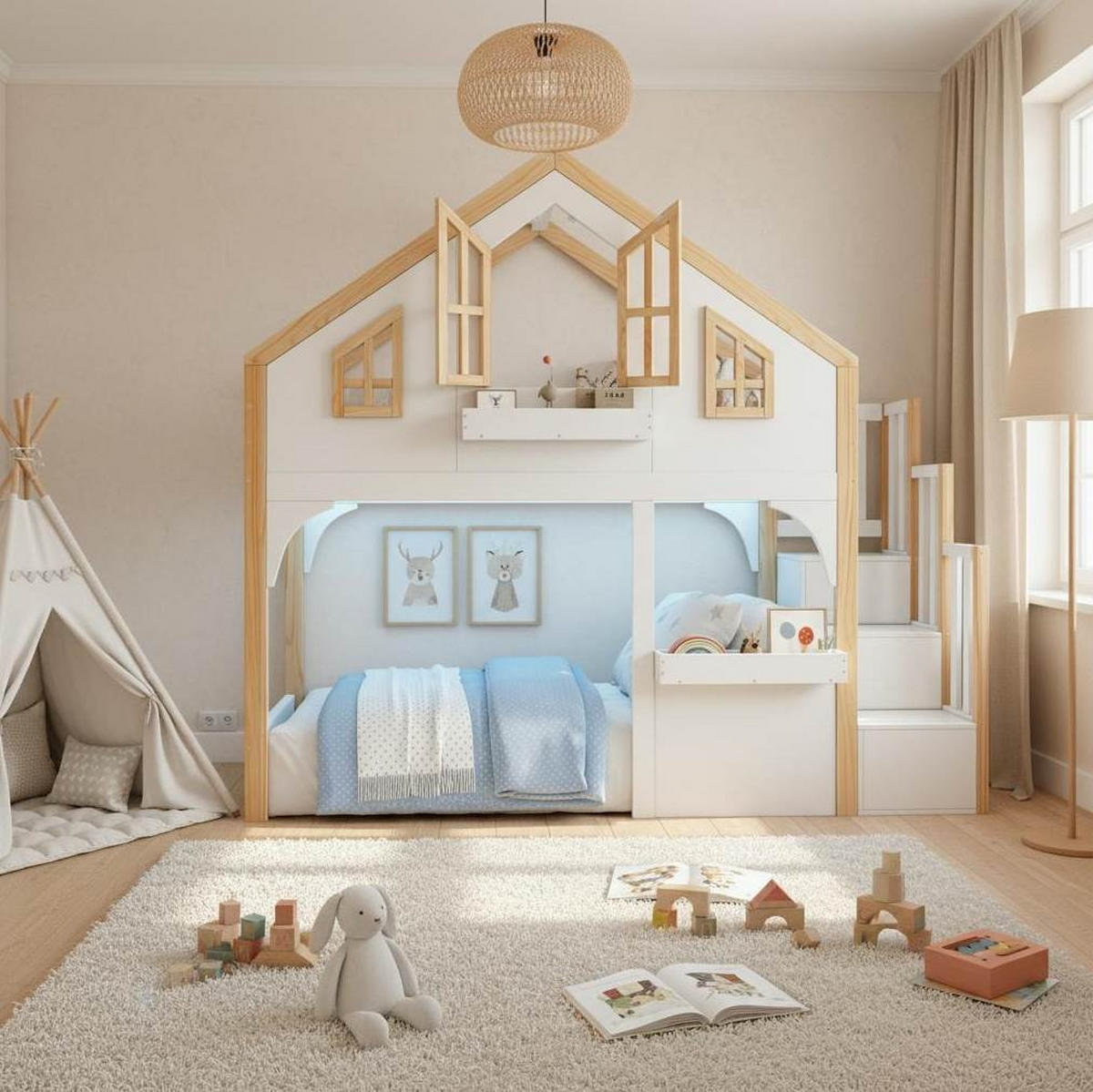 ETAGENBETT 90/200 cm Weiß aus Kiefernholz mit Stauraumtreppe und LED-Beleuchtung - Weiß, Holzwerkstoff (90/200cm) - OKWISH