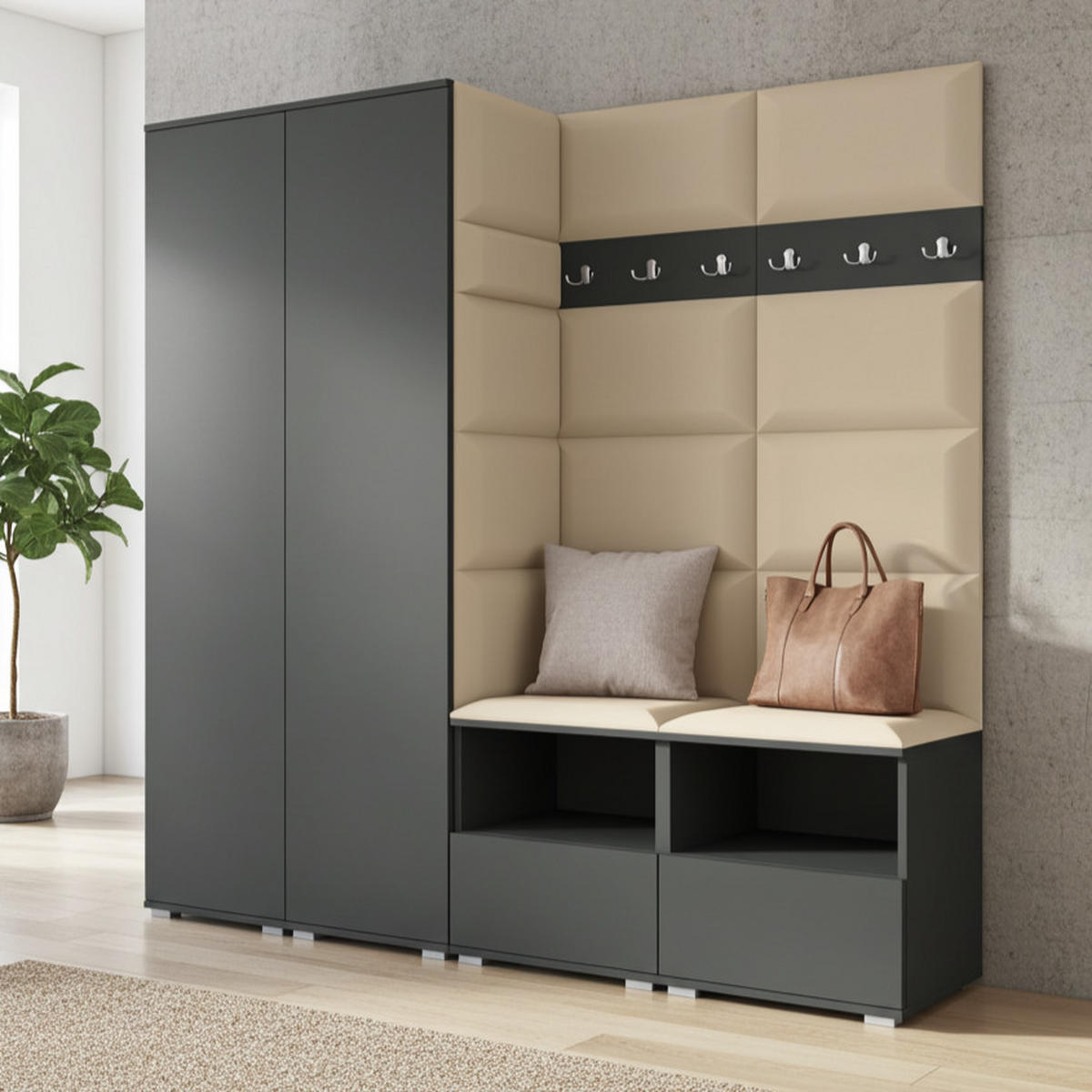 GARDEROBE NELA VI 200 cm (Kompaktgarderobe Graphit mit Sitzpolster Beige 04 Schrank & Paneel) - Beige/Silberfarben, Holz/Holzwerkstoff (200/187/40cm) - Ravio