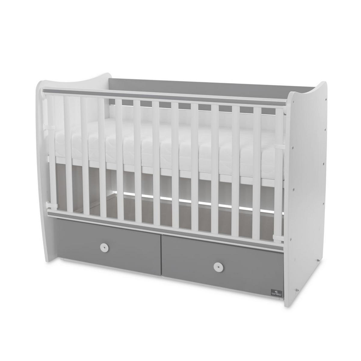 BABYBETT MATRIX NEW 120 x 60 cm grau 120 x 60 cm, Schaukelfunktion, 2 Schubladen, 2 Ebenen, Schlupfsprossen - Grau, Holzwerkstoff (60/120cm) - Lorelli
