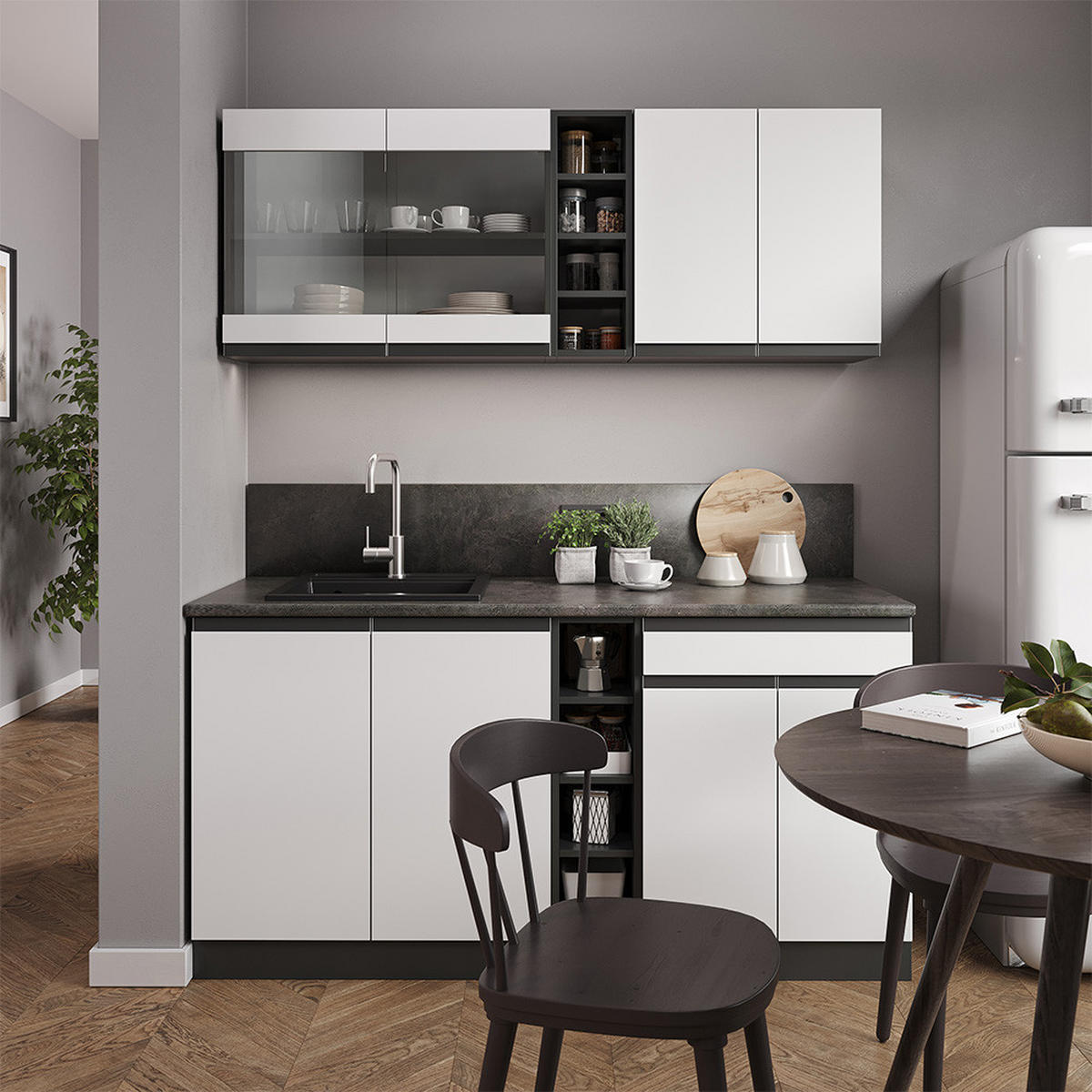 SINGLEKÜCHE R-Line Weiß/Anthrazit 160 cm, AP Eiche - Anthrazit/Weiß, Holzwerkstoff (160/81.6/60cm) - Vicco