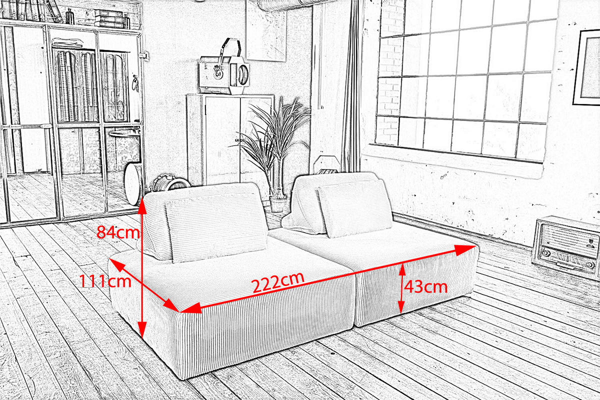 MODULSOFA WIOLO SOFT 2 MODULE 2 KISSEN Hellgrau Cord - Hellgrau/Schwarz, Kunststoff/Textil (222/84/111cm) - KAWOLA