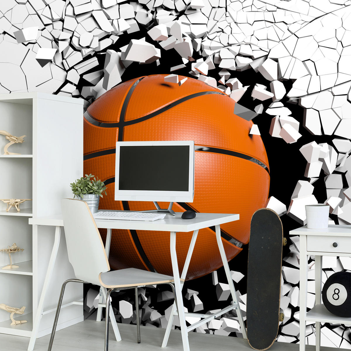 FOTOTAPETE für Jugendzimmer Basketball Wandbruch Sport 200x140 - Schwarz/Orange, Papier (200/140cm) - Muralo