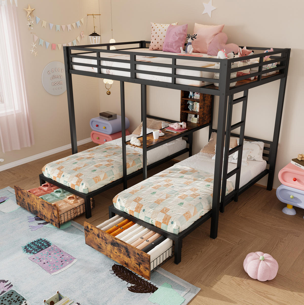 ETAGENBETT 140/200 cm und 90/200 cm Schwarz mit 2 Schubladen und Stauraum - Schwarz, Holzwerkstoff (140/200cm) - OKWISH