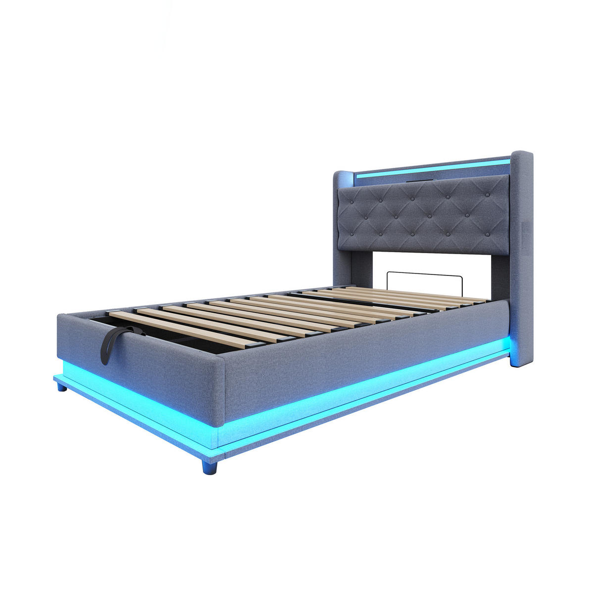 POLNJENA postelja iz leinen tkanine 90x200 cm siva z LED osvetlitvijo, 3 USB priključki, Type-C in hidravličnim prostorom - siva, tekstil (90/200cm) - Modfu