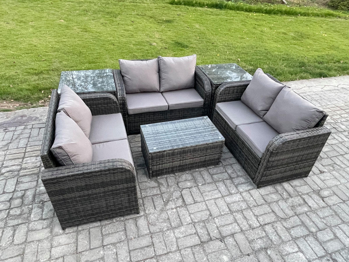 GARTENMÖBELGARNITUR mit KISSEN Polyrattan Dunkelgrau 6-Sitzer - Dunkelgrau/Grau, Glas/Kunststoff - Fimous