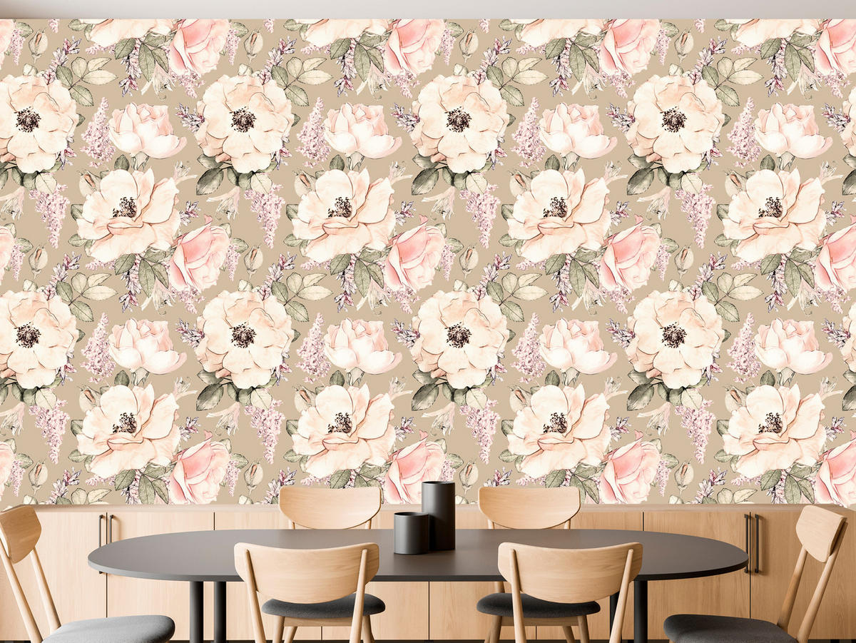 VLIESTAPETE Vintage-Rosen und Pfingstrosen – Rosa, Beige, Grün – 50x1000 cm - Beige/Rosa, Papier (50/1000cm) - Muralo